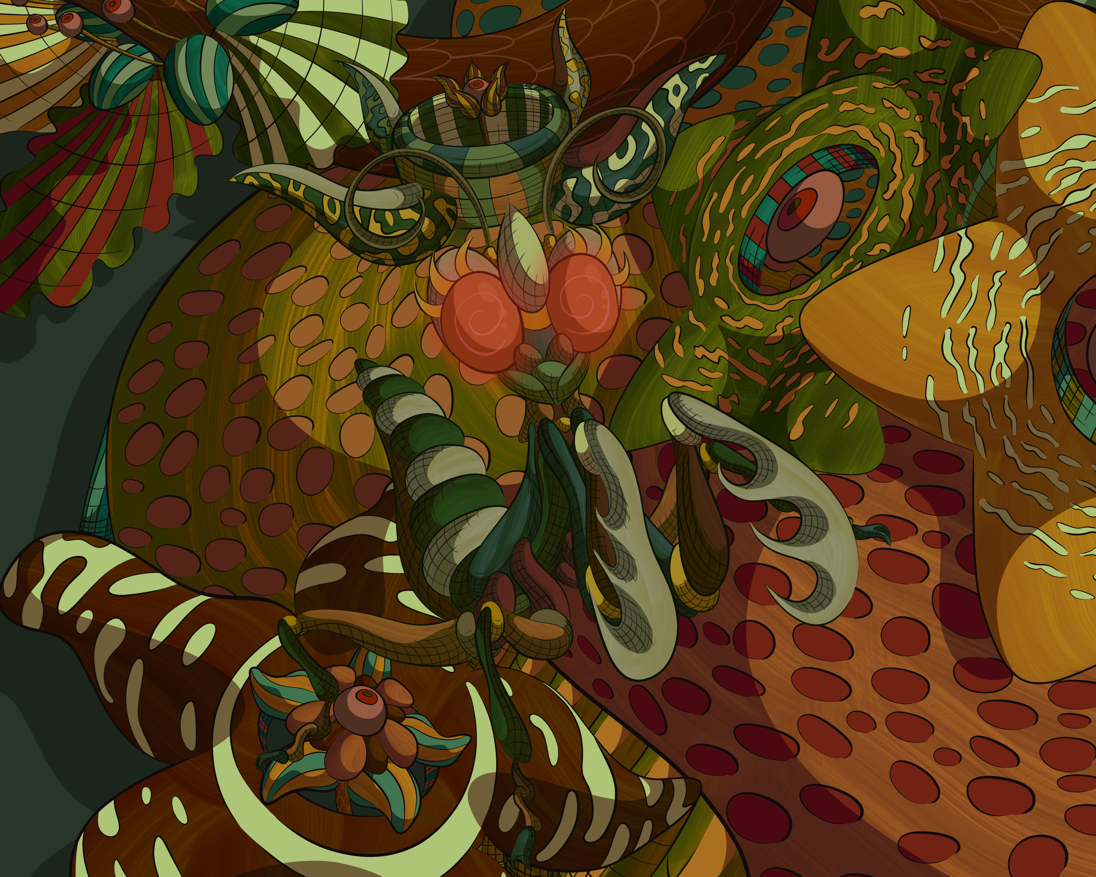 Digital illustration of a sweet praying mantis with big glowing orange eyes.