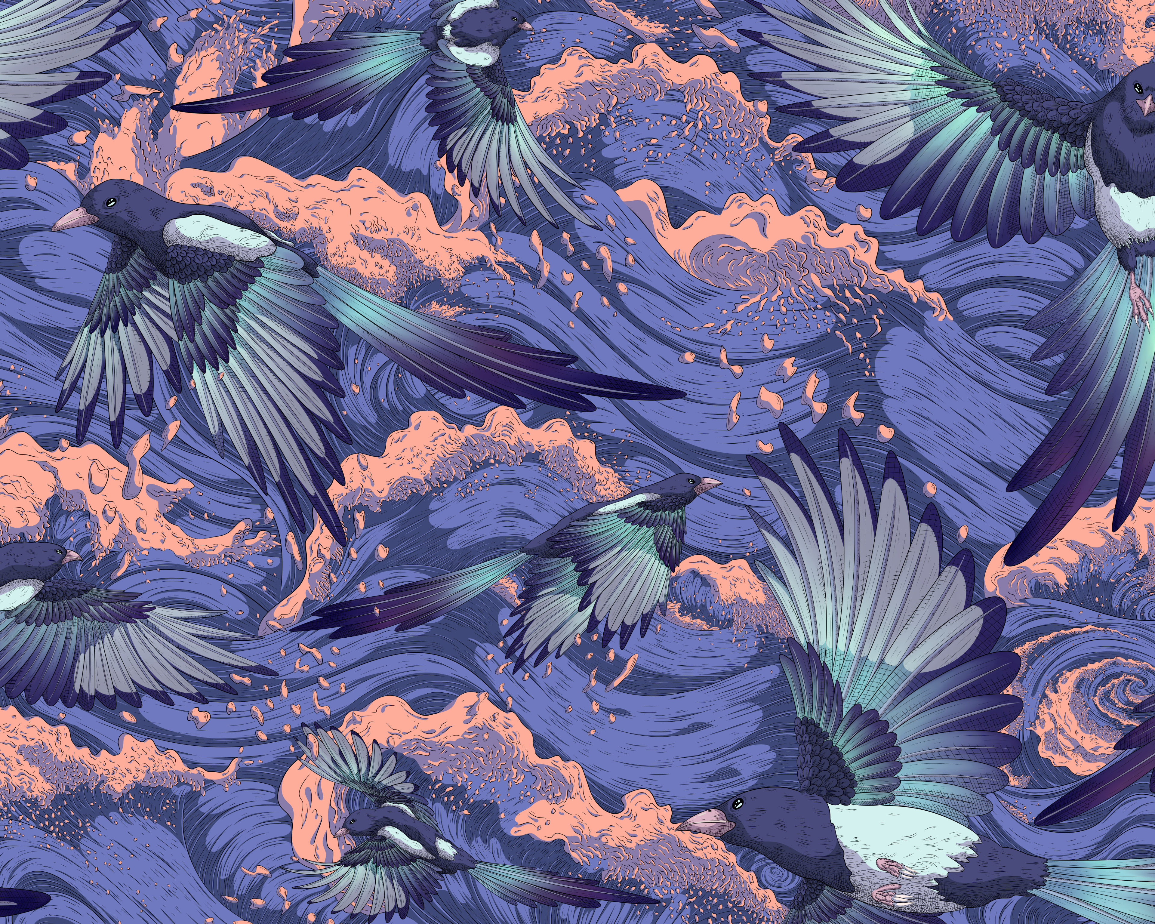 Illustration of a flock of glossy blue magpie flying above a turbulent ocean scene.