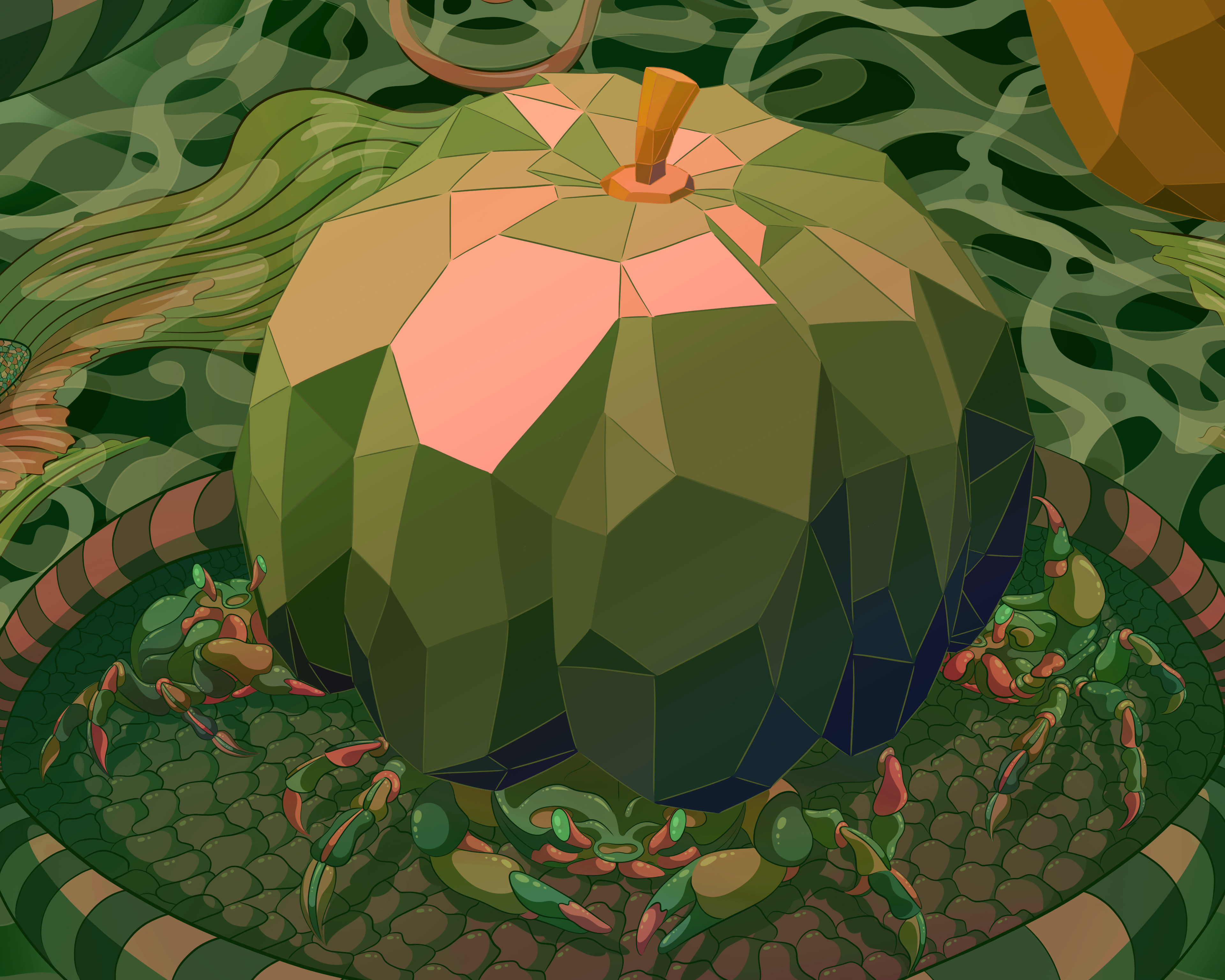 Three crabs holding up a giant crystal squash while stranded on a floating lily pad.