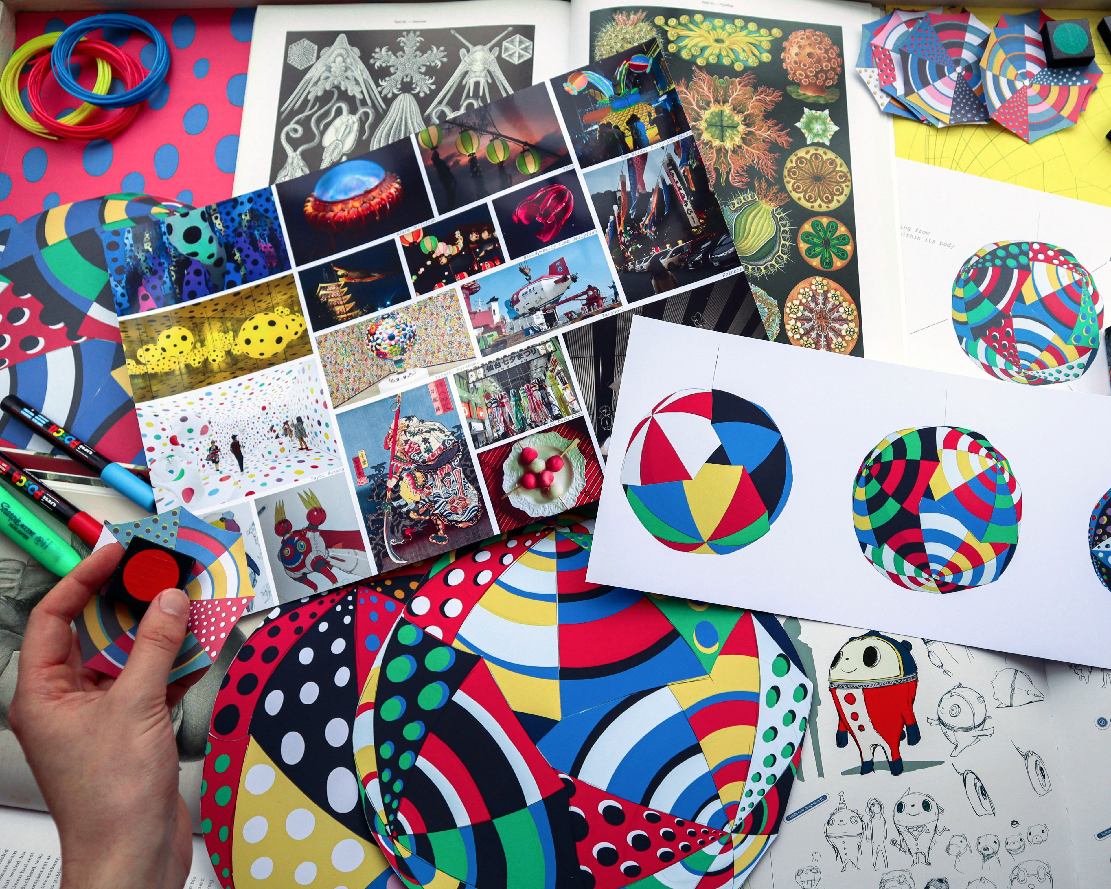 Artist's pov of moodboards, research, sketches and materials for a contemporary art sculpture.