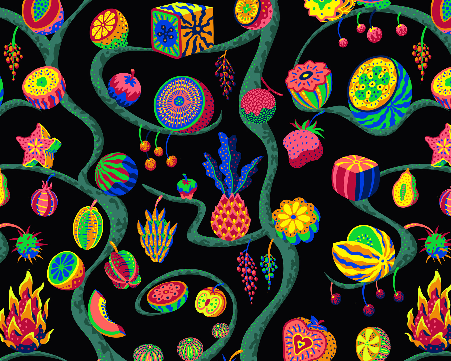 Digital illustration of miniature fruits in neon colours growing out of an endlessly branching tree.