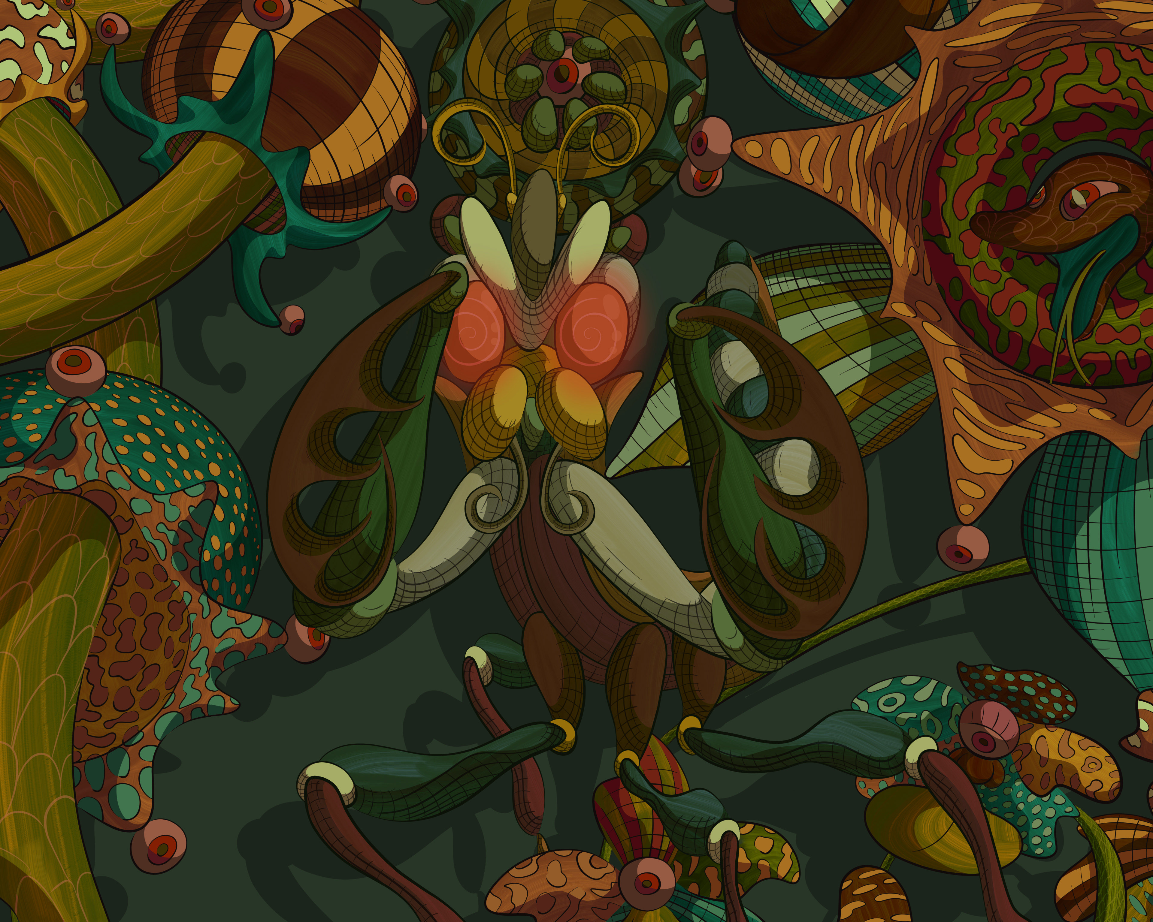 Digital illustration of a preying mantis cowering in a strange and foreboding world.