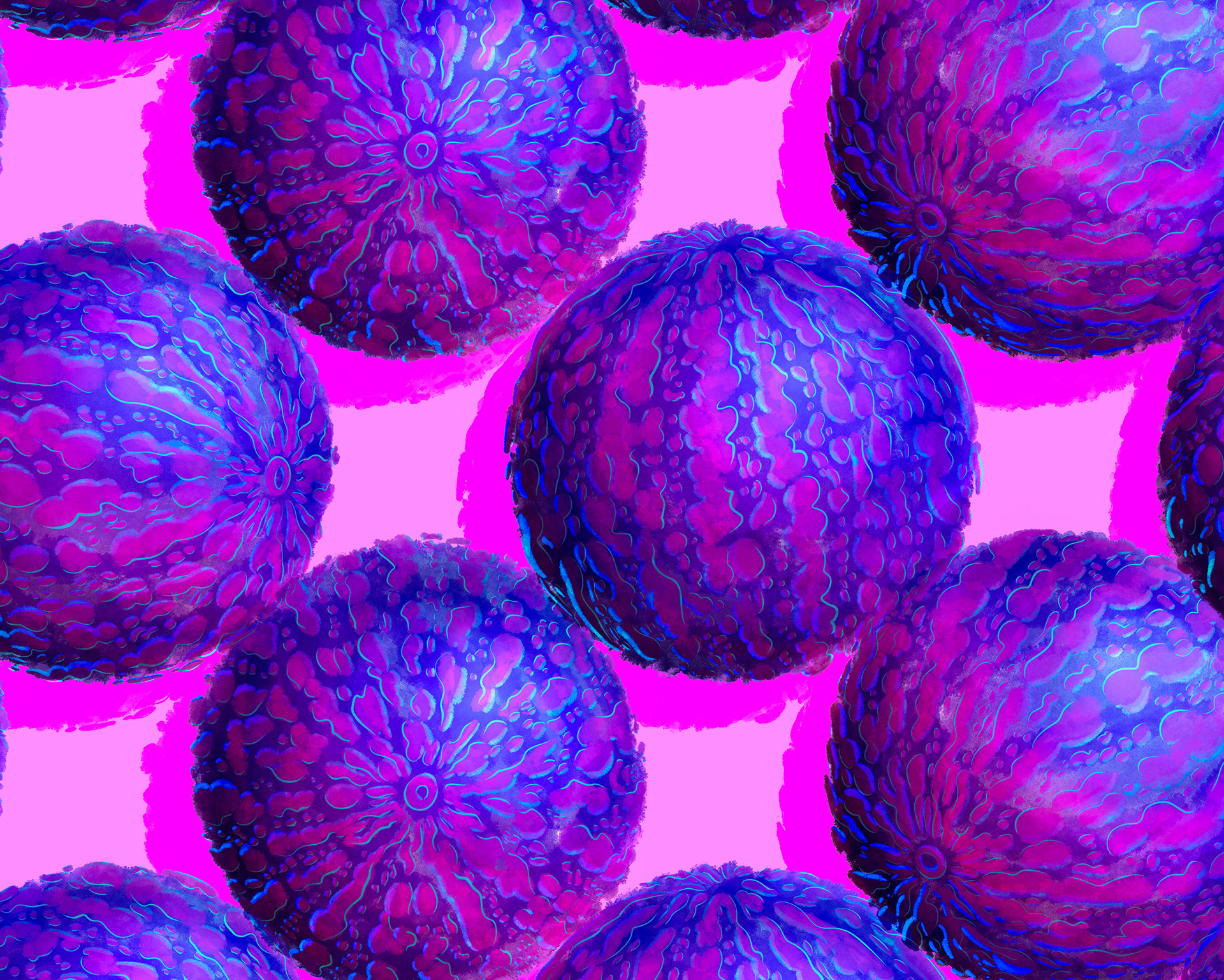 Digital painting of purple coloured watermelons with electric blue metallic detailing.