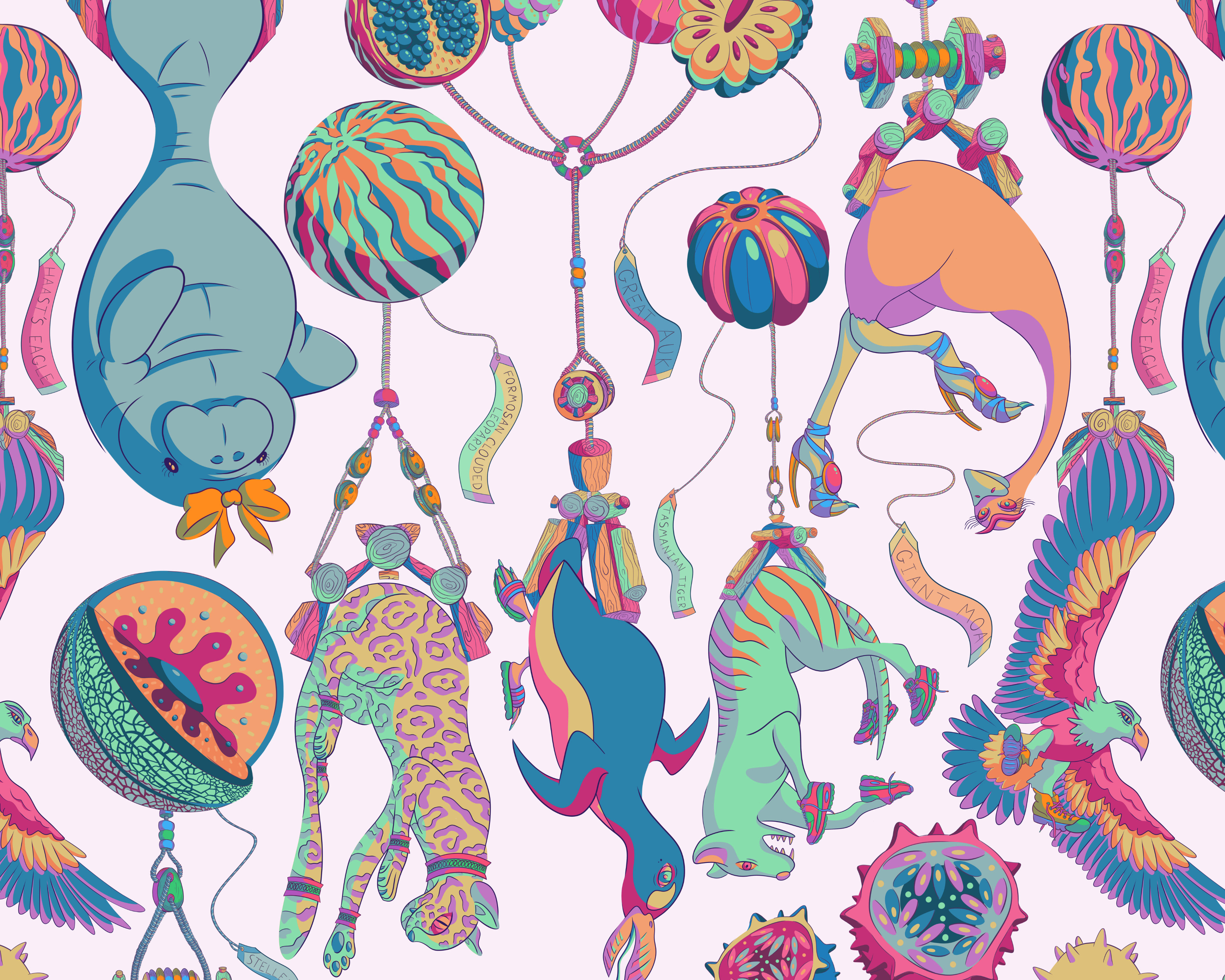 Digital illustration of goofy colourful animals suspended in the air hanging from cranes.