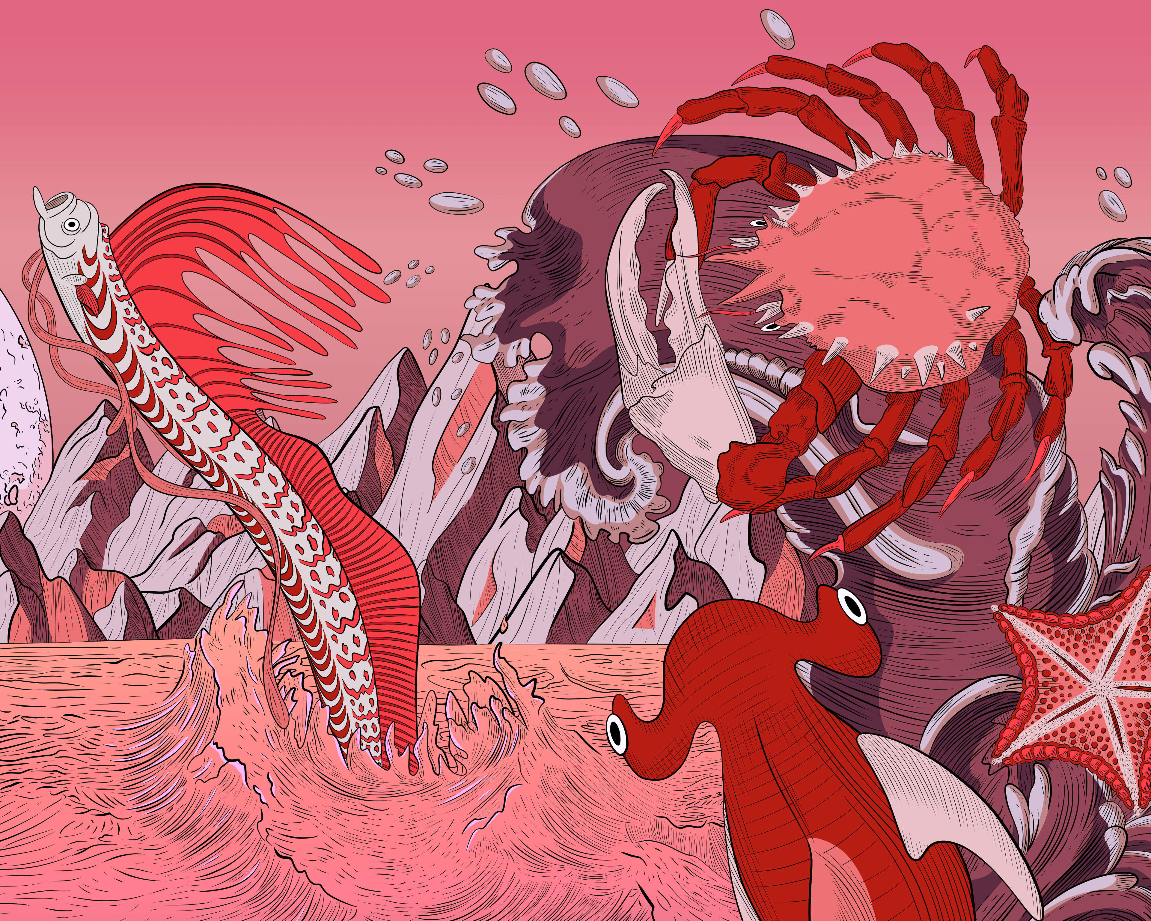 Fine art drawing of a red crab, hammerhead shark and starfish riding a cresting tidal wave at dusk.