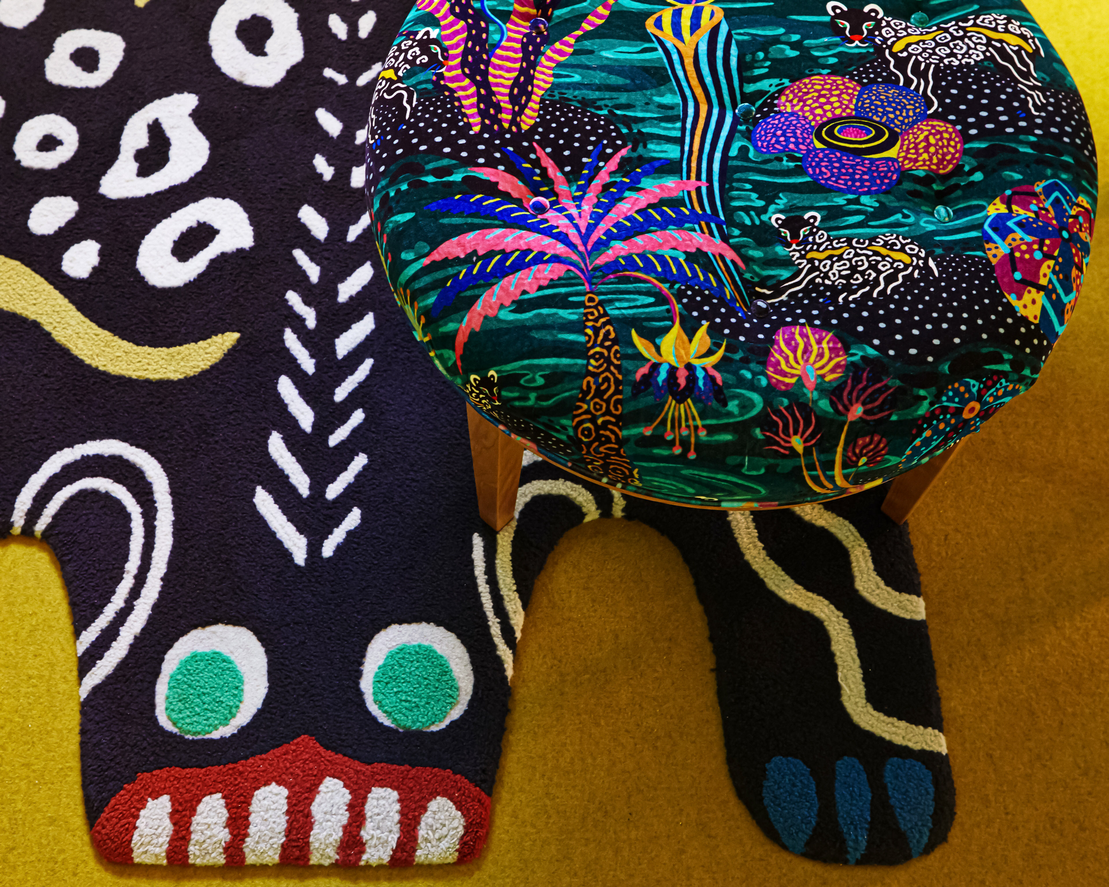 Photograph of a limited edition Svenskt Tenn stool upholstered with patterned velvet by Sam Wilde.
