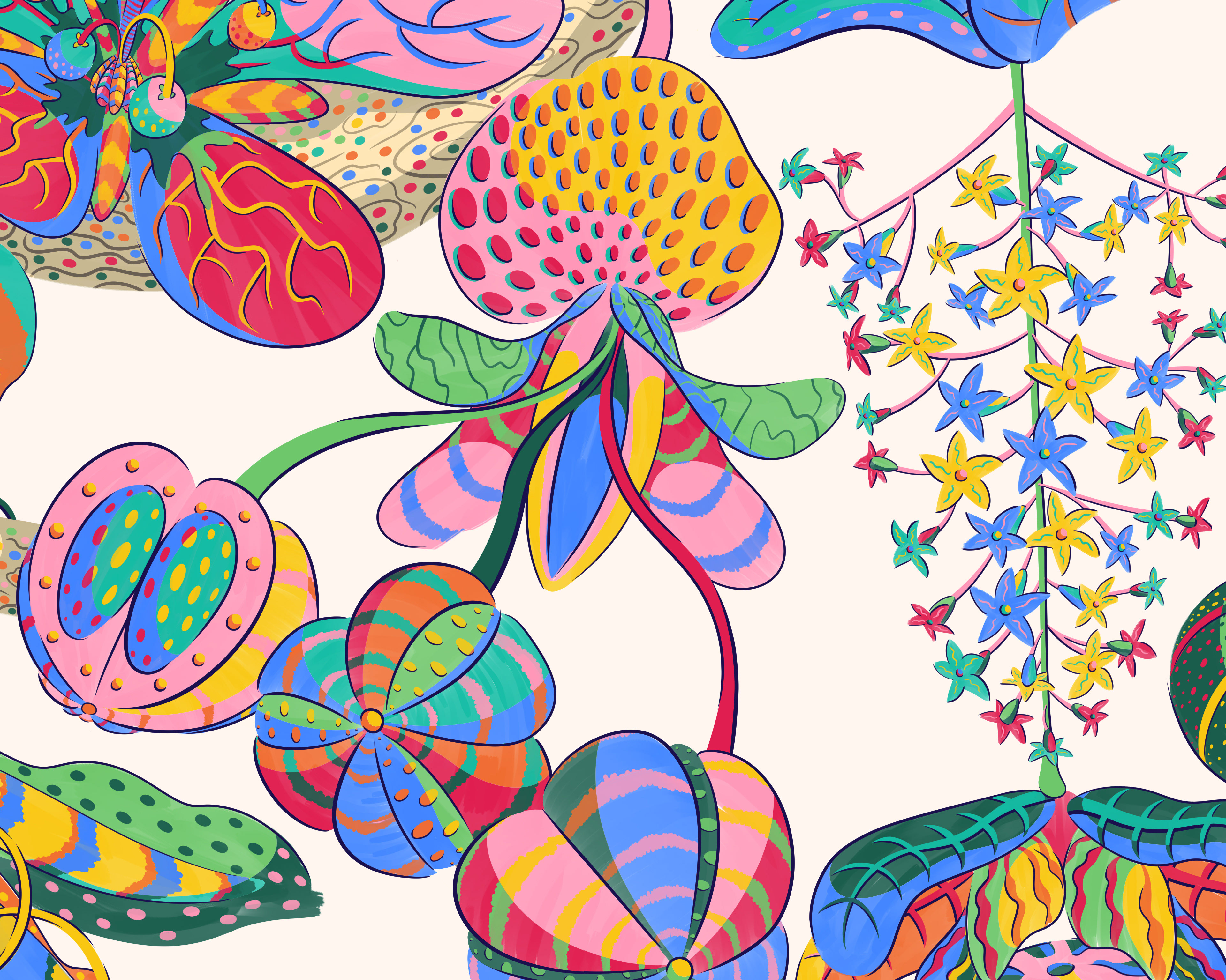 Illustration of a colourful patterned orchid flower surrounded by fruits and foliage against white.