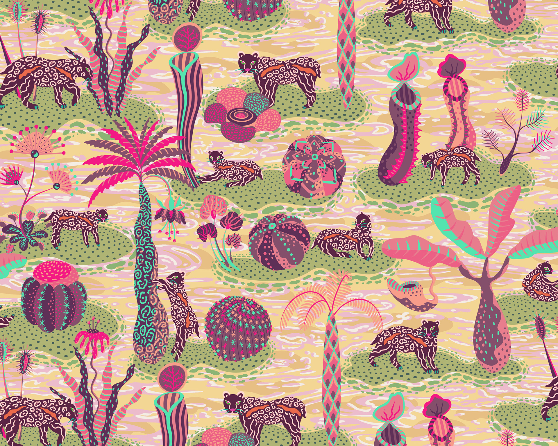 Digital illustration of a lake at sunset depicting sleepy panthers on islands surrounded by plants.