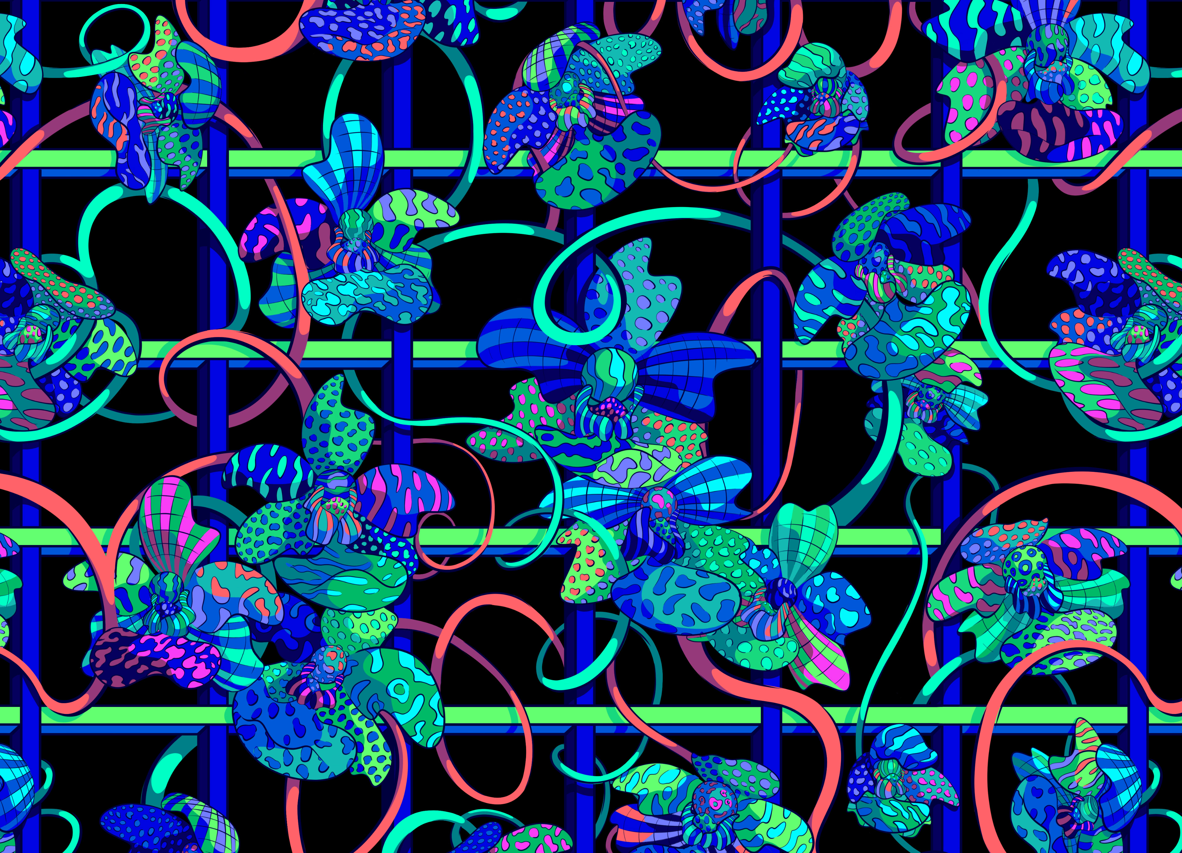Neon coloured abstract orchids covered in strange markings.