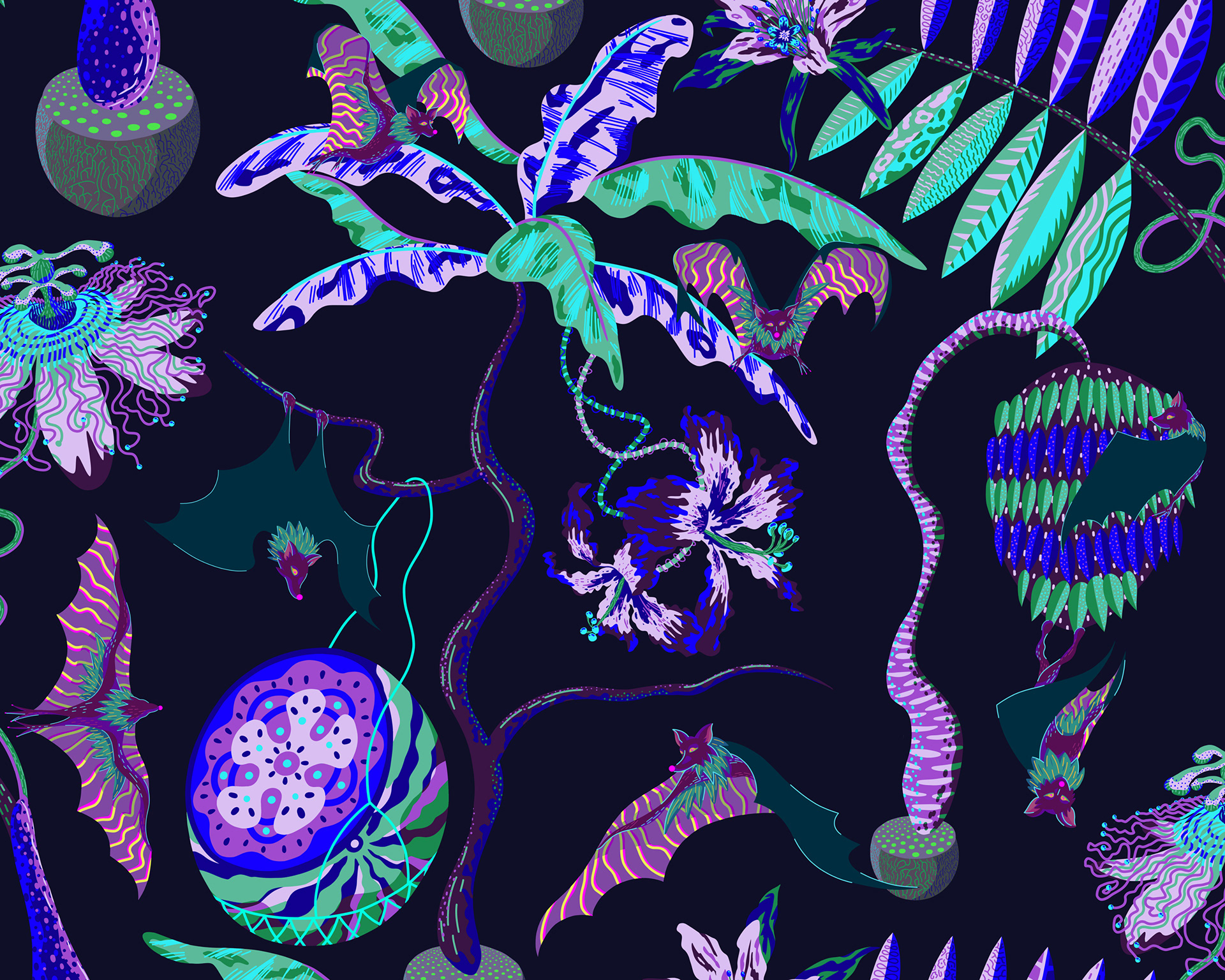 Digital pattern illustration of colourful neon bats flying around a dark night jungle world.