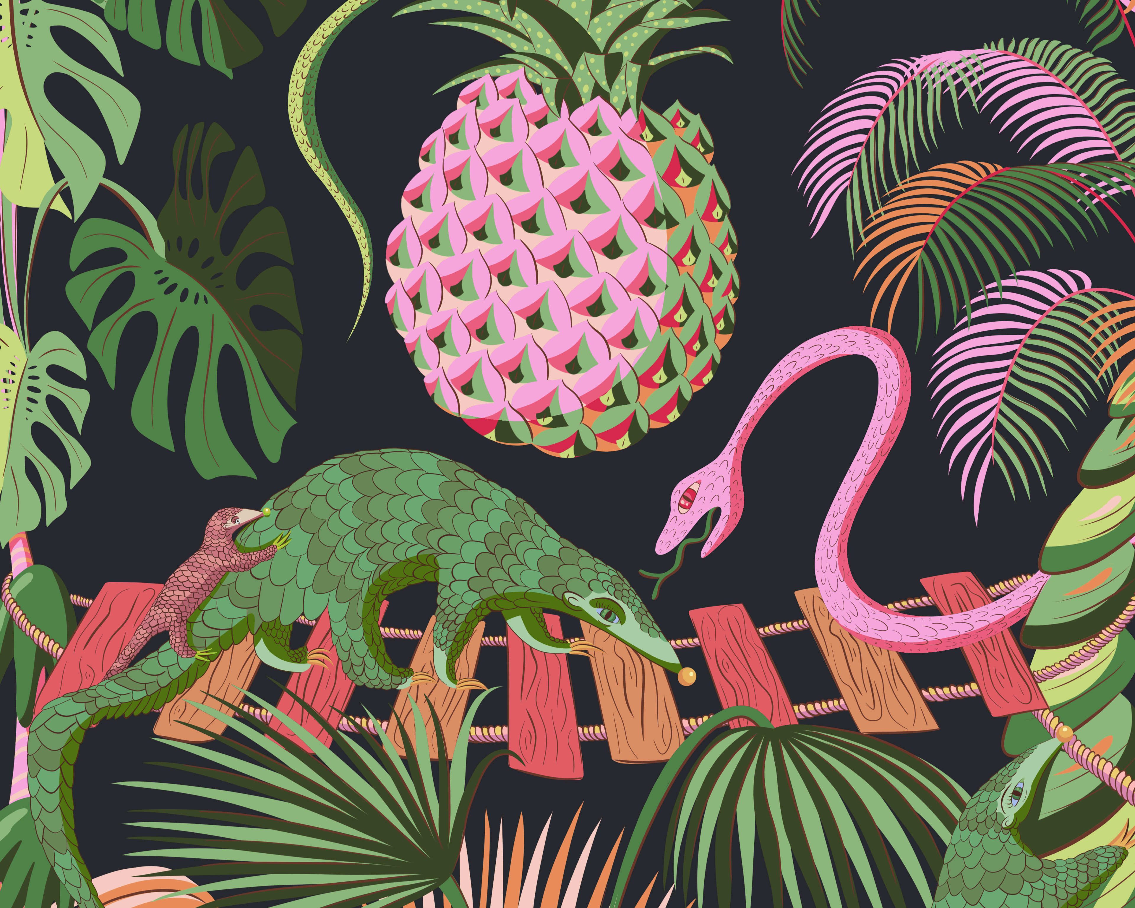 Illustration of a green pangolin cowering next to a menacing pink snake on a rickety bridge.