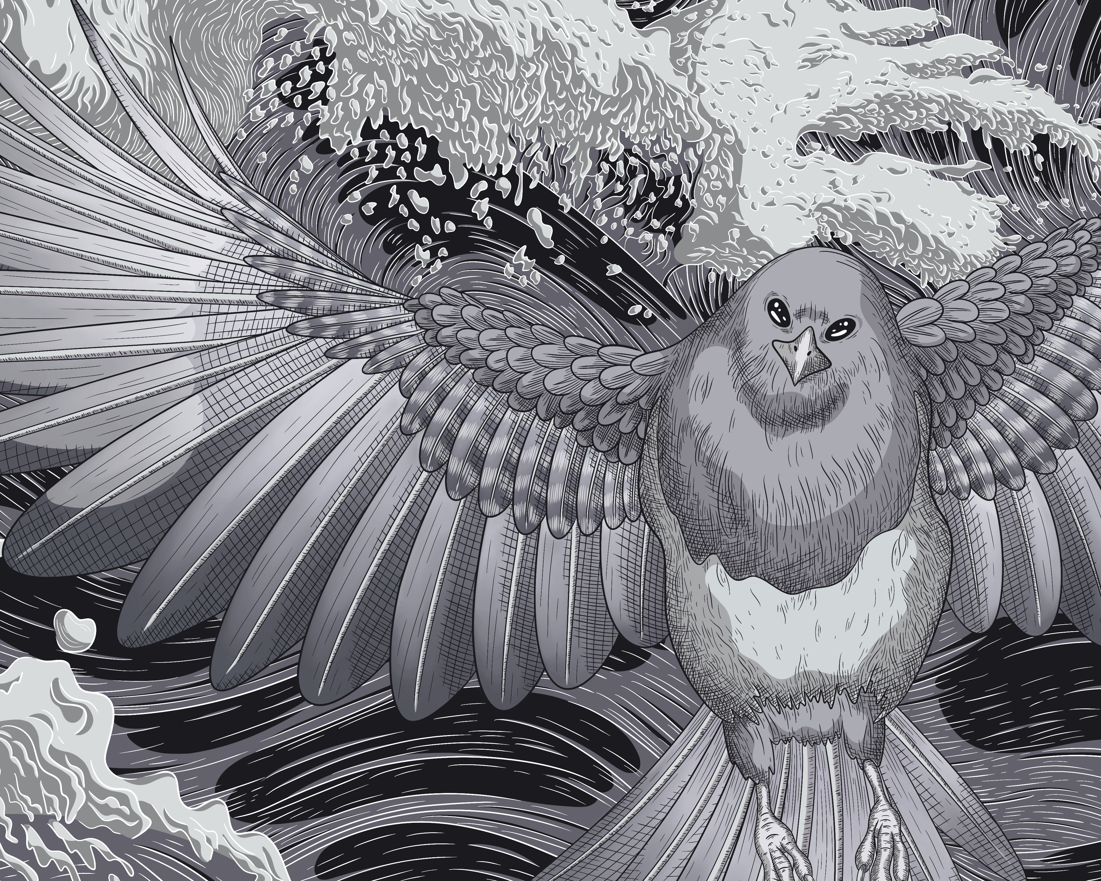 A black and white fine art drawing of a giant magpie flying above a breaking ocean wave.