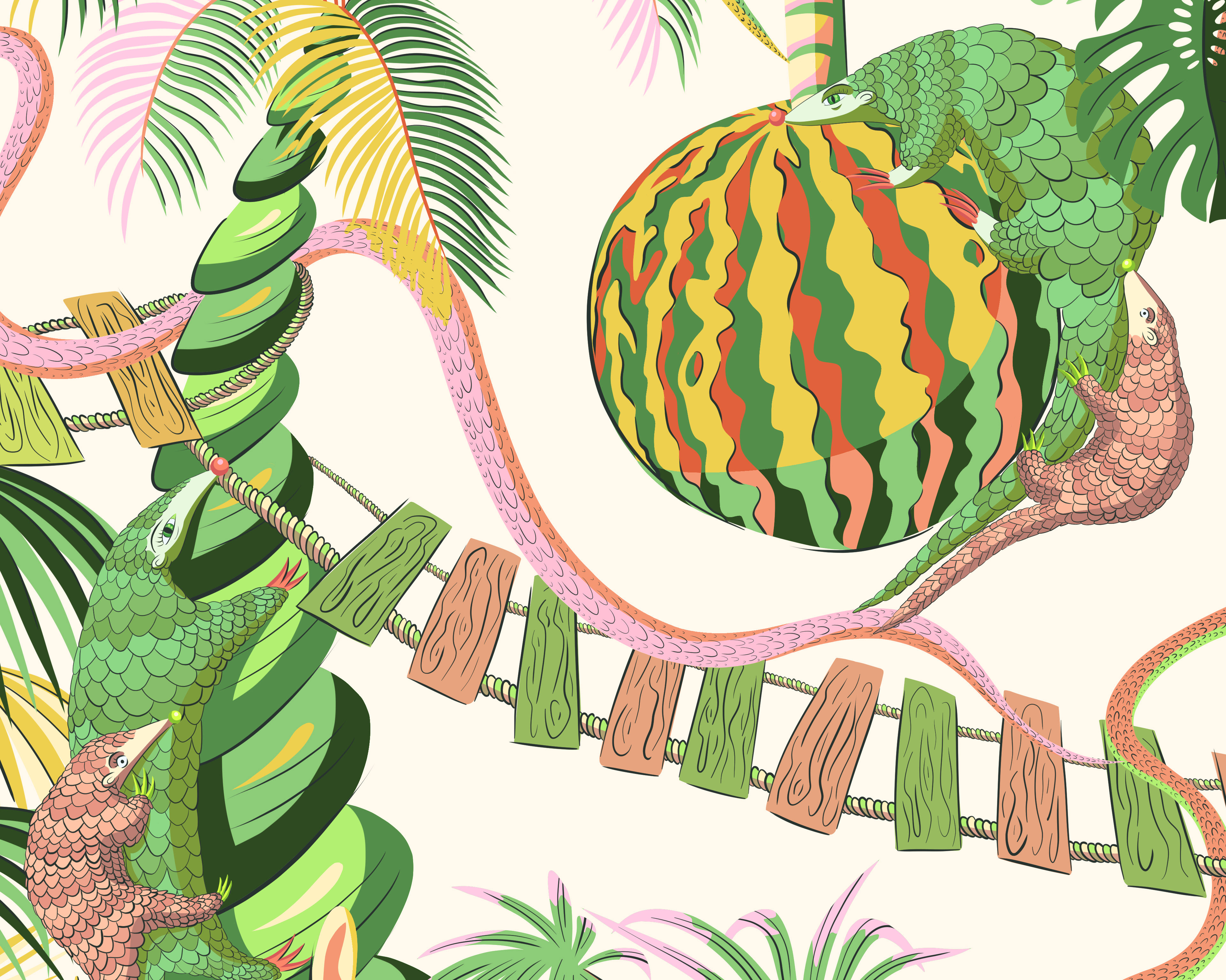 Digital illustration of pangolins clambering around a vibrant jungle world against a white backdrop.