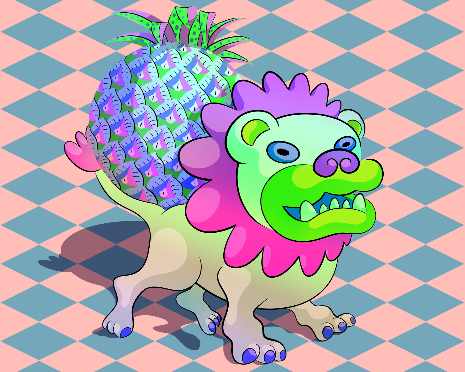 Illustration of a proud lion with green lips and a bright pink mane holding up a pineapple.