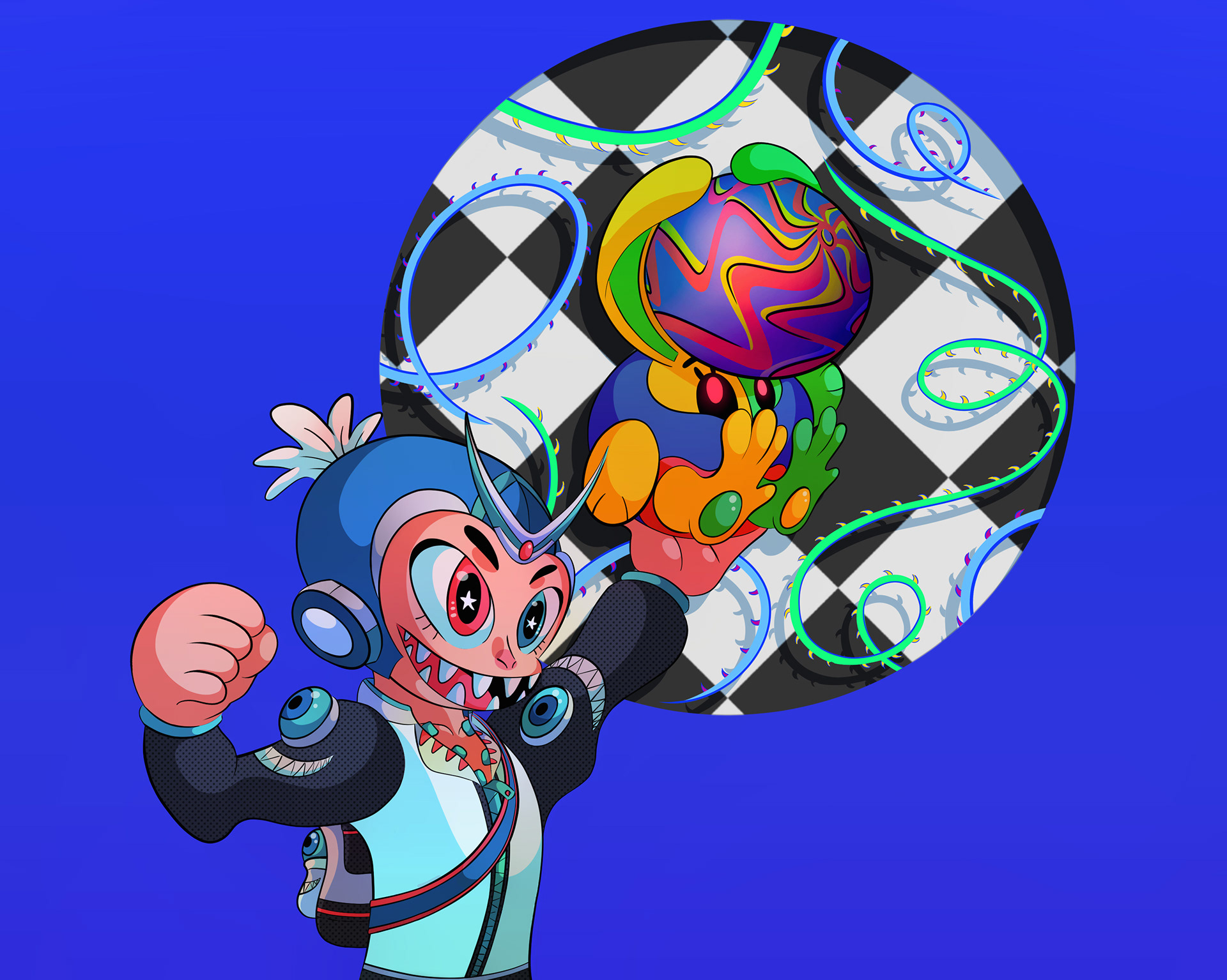 Illustration of a manga character proudly holding up an android bunny in bold colours.