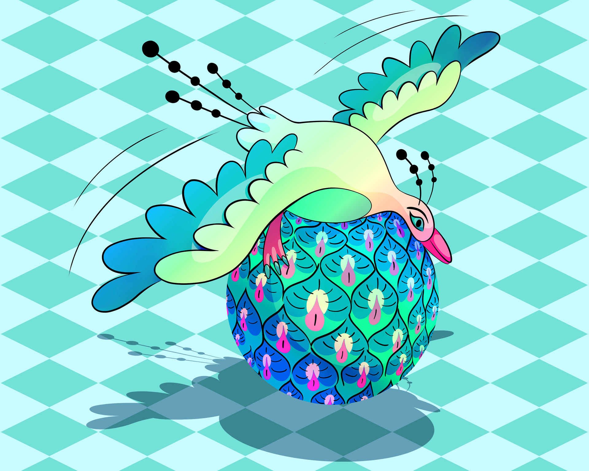 Illustration of a majestic legendary bird holding onto a pineapple while soaring in the air.