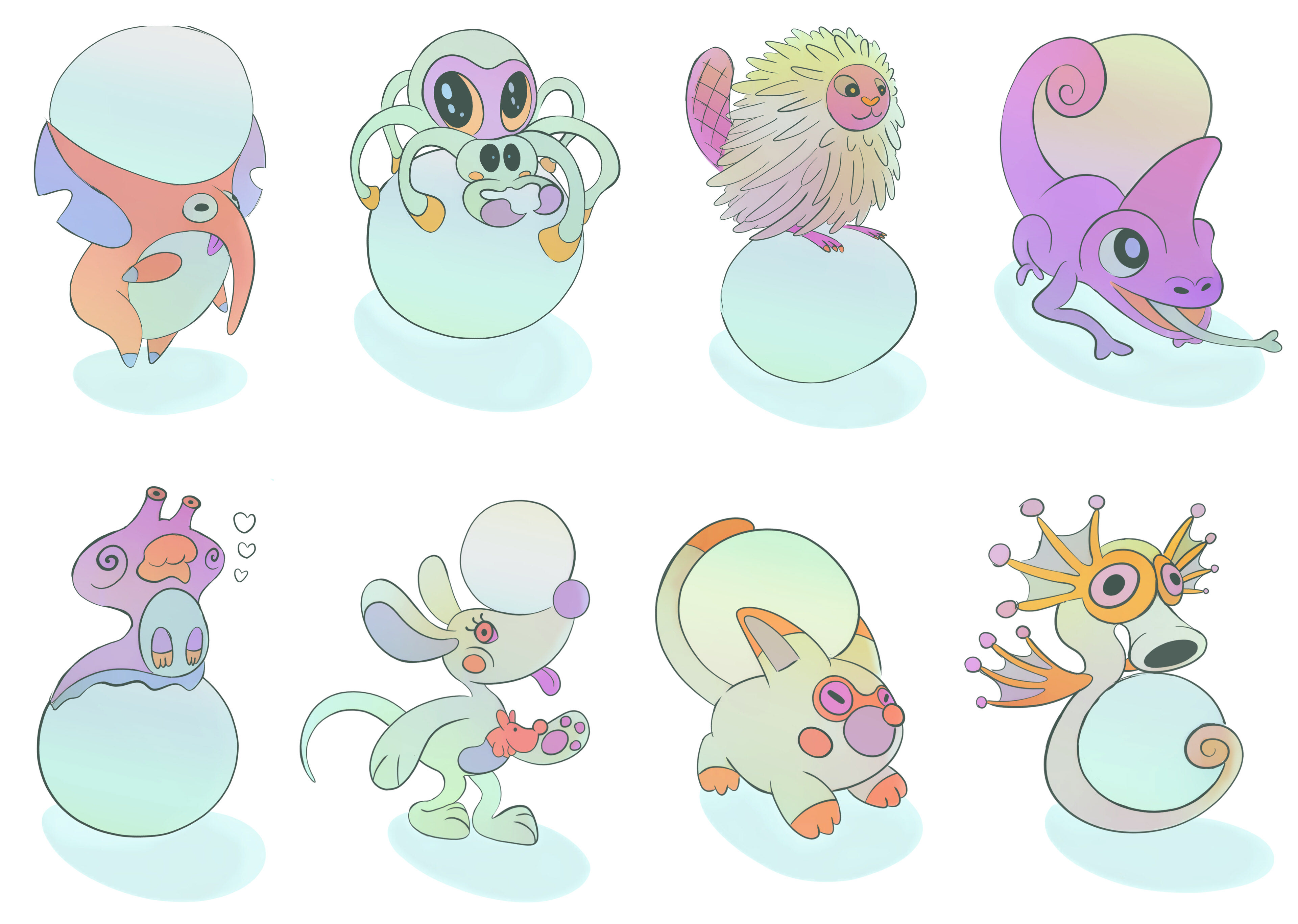 Character designs based on an elephant, spider, porcupine, chameleon, slug and kangaroo.