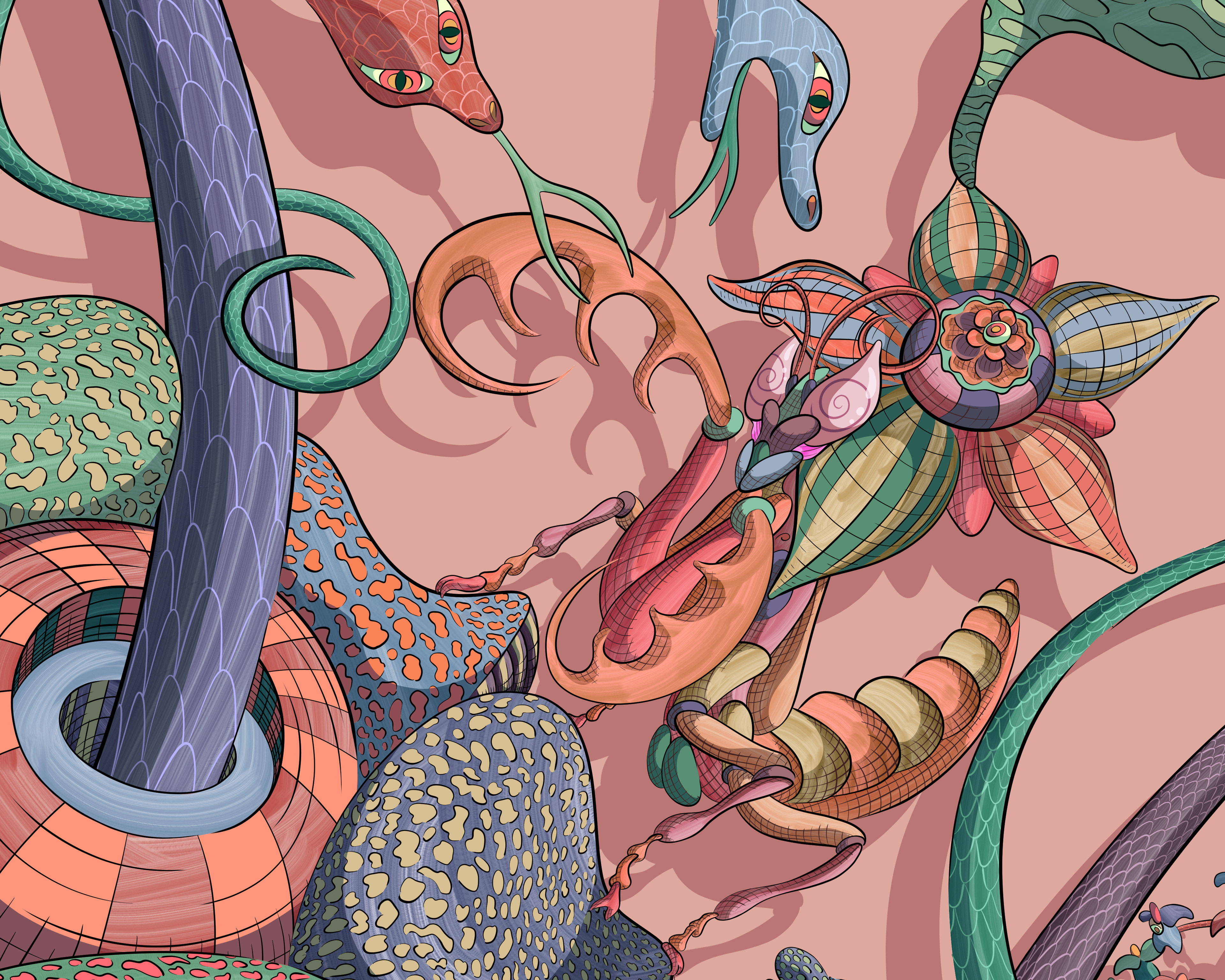 Digital illustration of a praying mantis defending itself against two approaching snakes.
