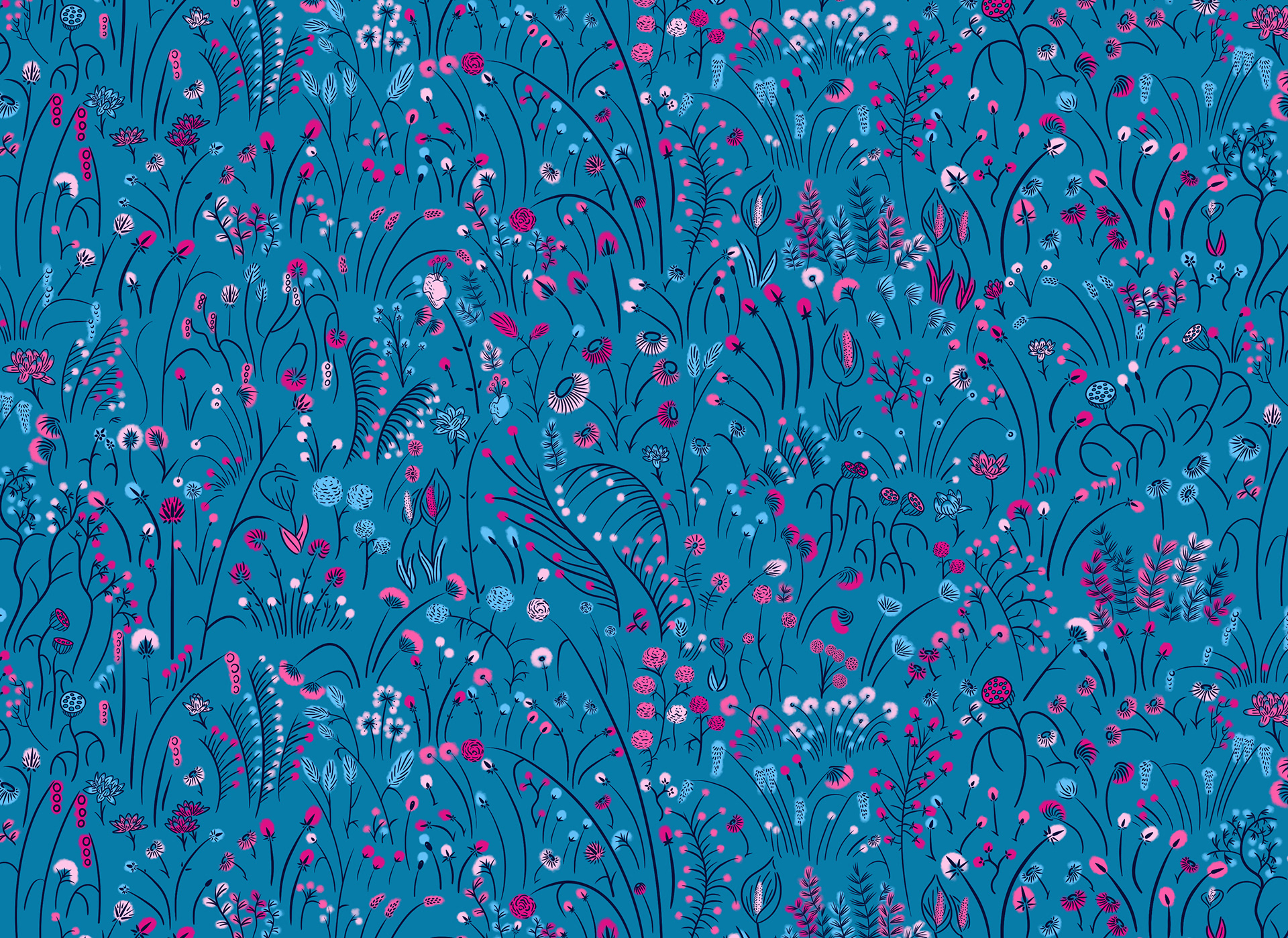 Digital illustration of petite flowers growing in meadow in shades of blue and magenta.