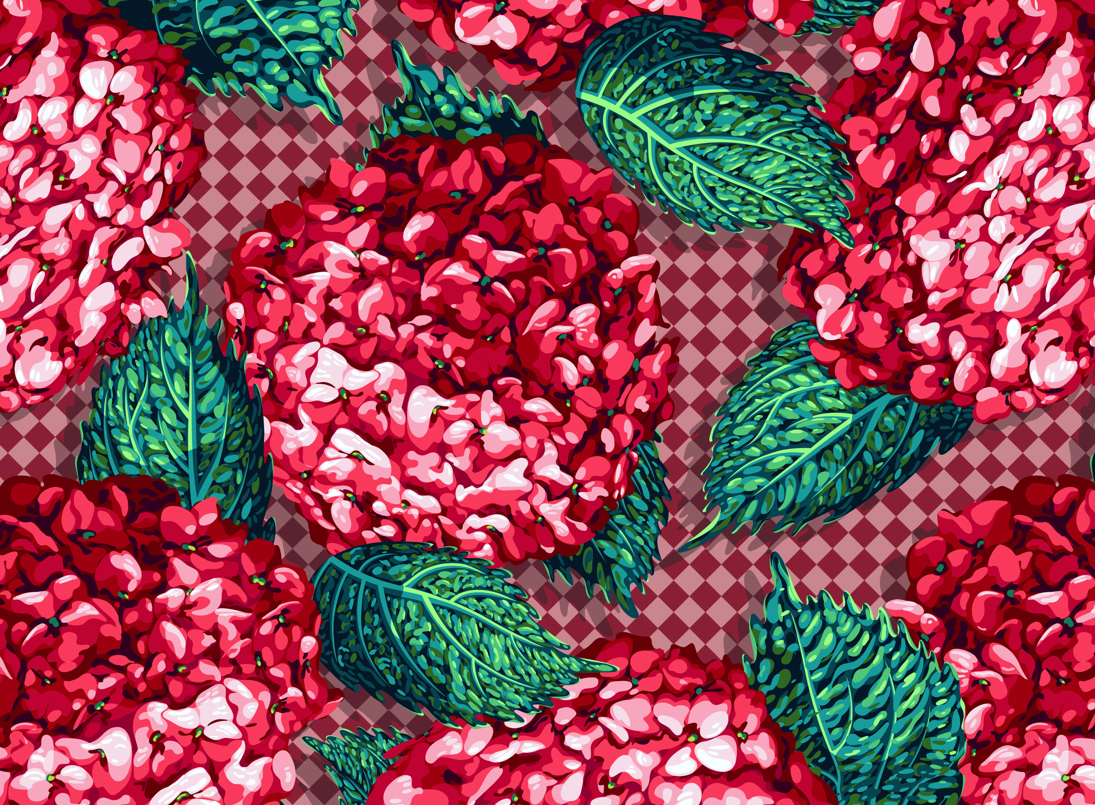 Berry red floral hydrangea painted pattern with checkerboard backdrop.