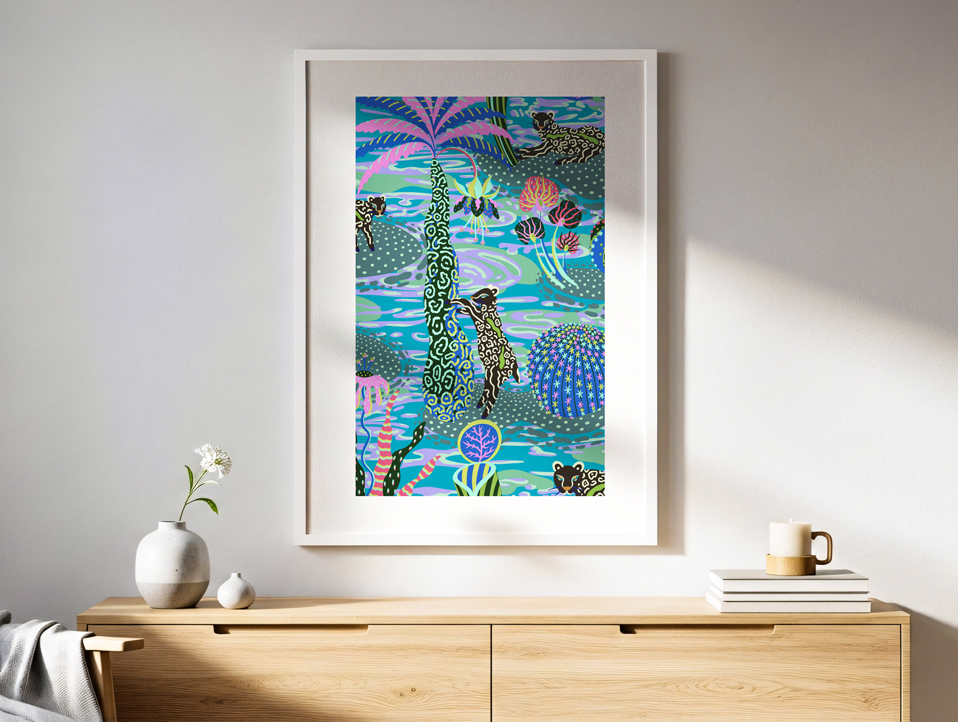 Screen-printed Quandary Quagmire art print poster showing big cats in a blue swamp.
