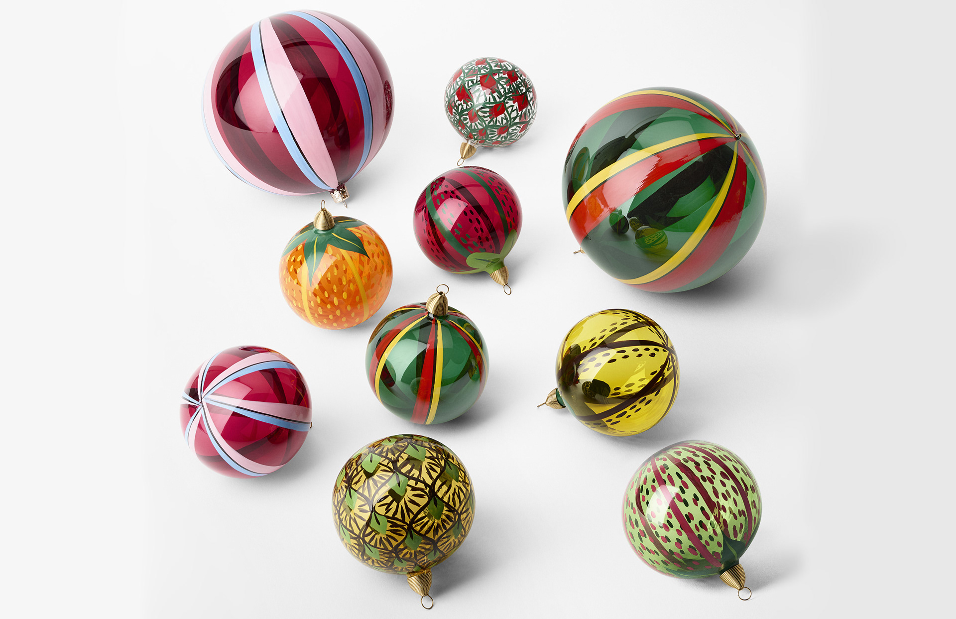 Fruits of Eden hand-painted glass bauble collection designed by Sam Wilde for Svenskt Tenn.