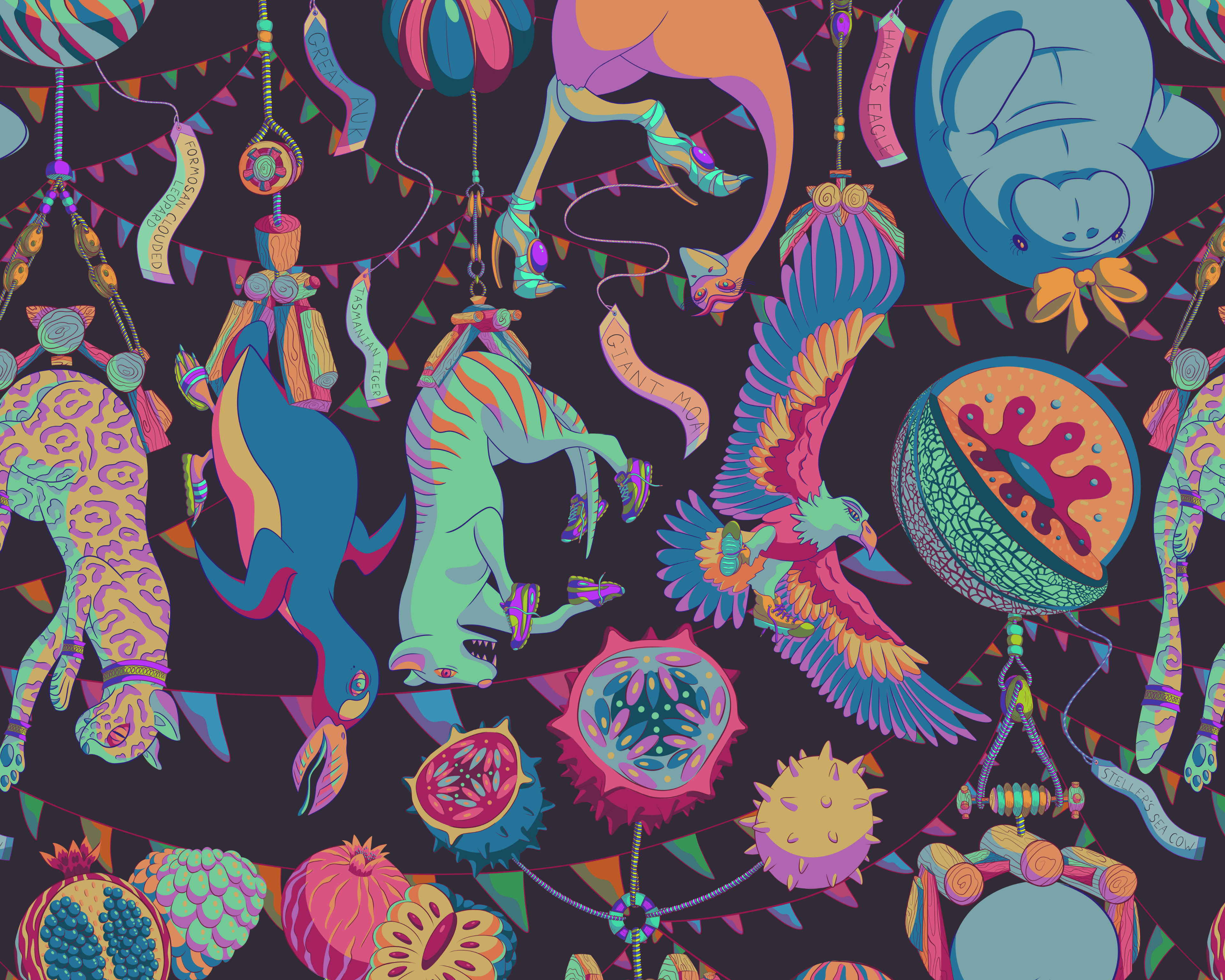 Digital art showing a manatee, eagle, tiger, penguin, cheetah and ostrich hanging in the night sky.