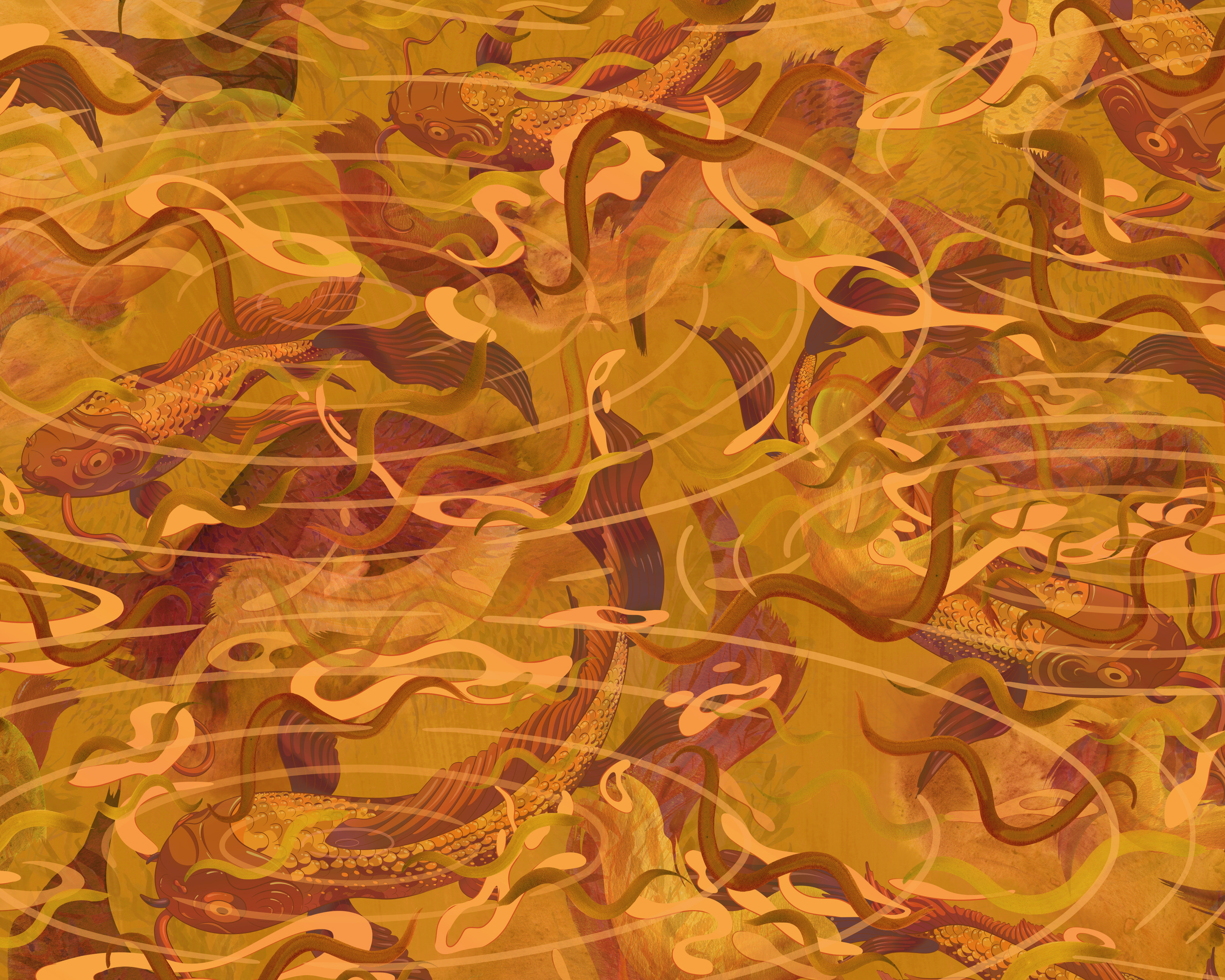 Pattern of gold koi fish swimming in a magical painted pond kingdom.