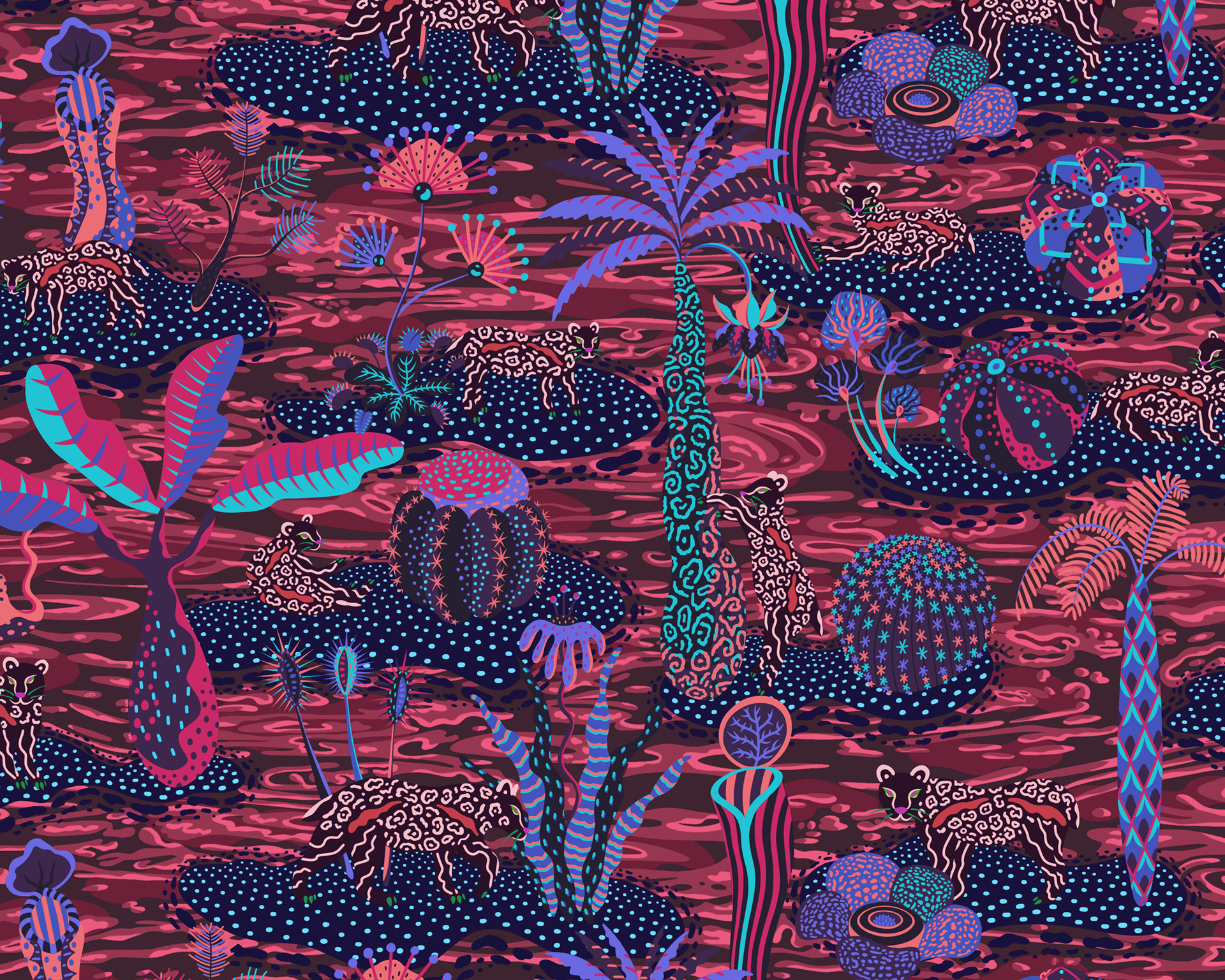 Illustration of big cats on islands in the middle of a lava filled volcano with glowing plants.