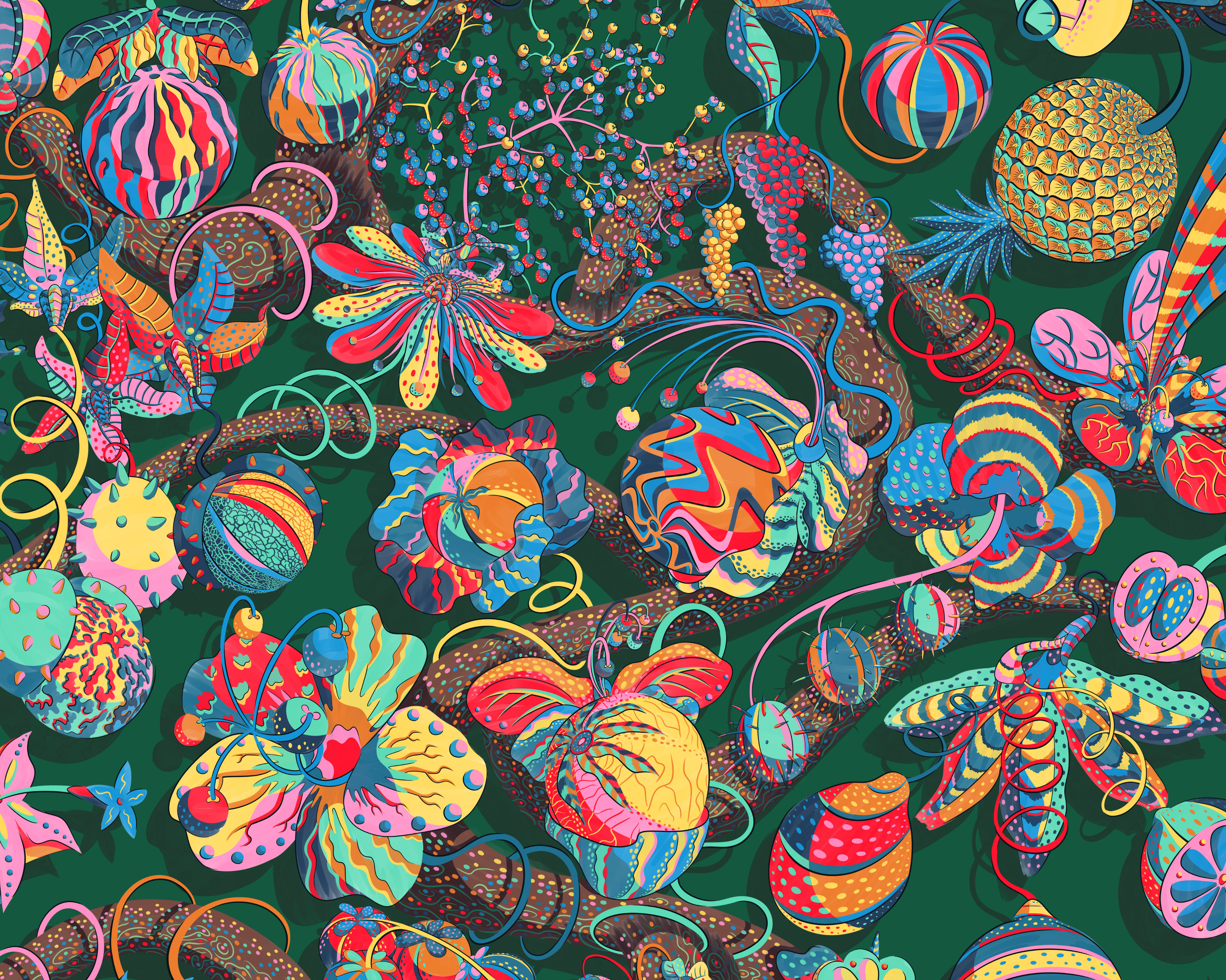 Highly detailed repeat pattern depicting an endlessly branching tree filled with colourful blooms.