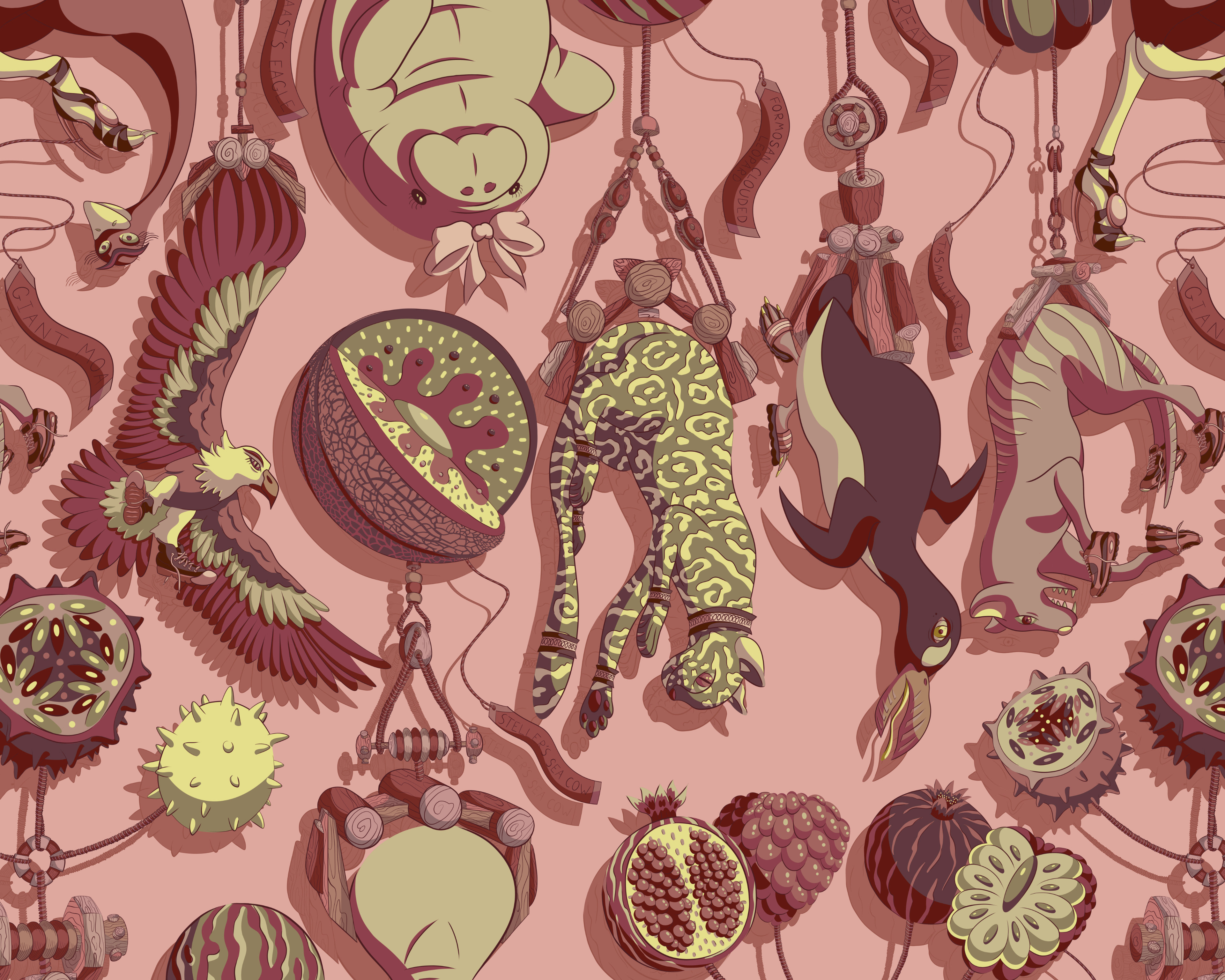 Pattern design of kooky animals, cranes and giant fruits in blush brown colours.