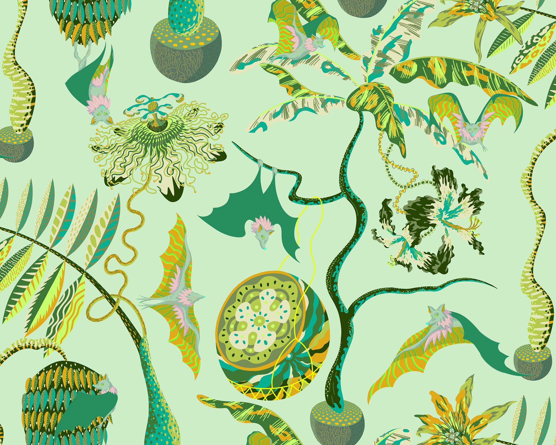 Pistachio colourway of an illustrative pattern showing bats flying around a vibrant jungle world.