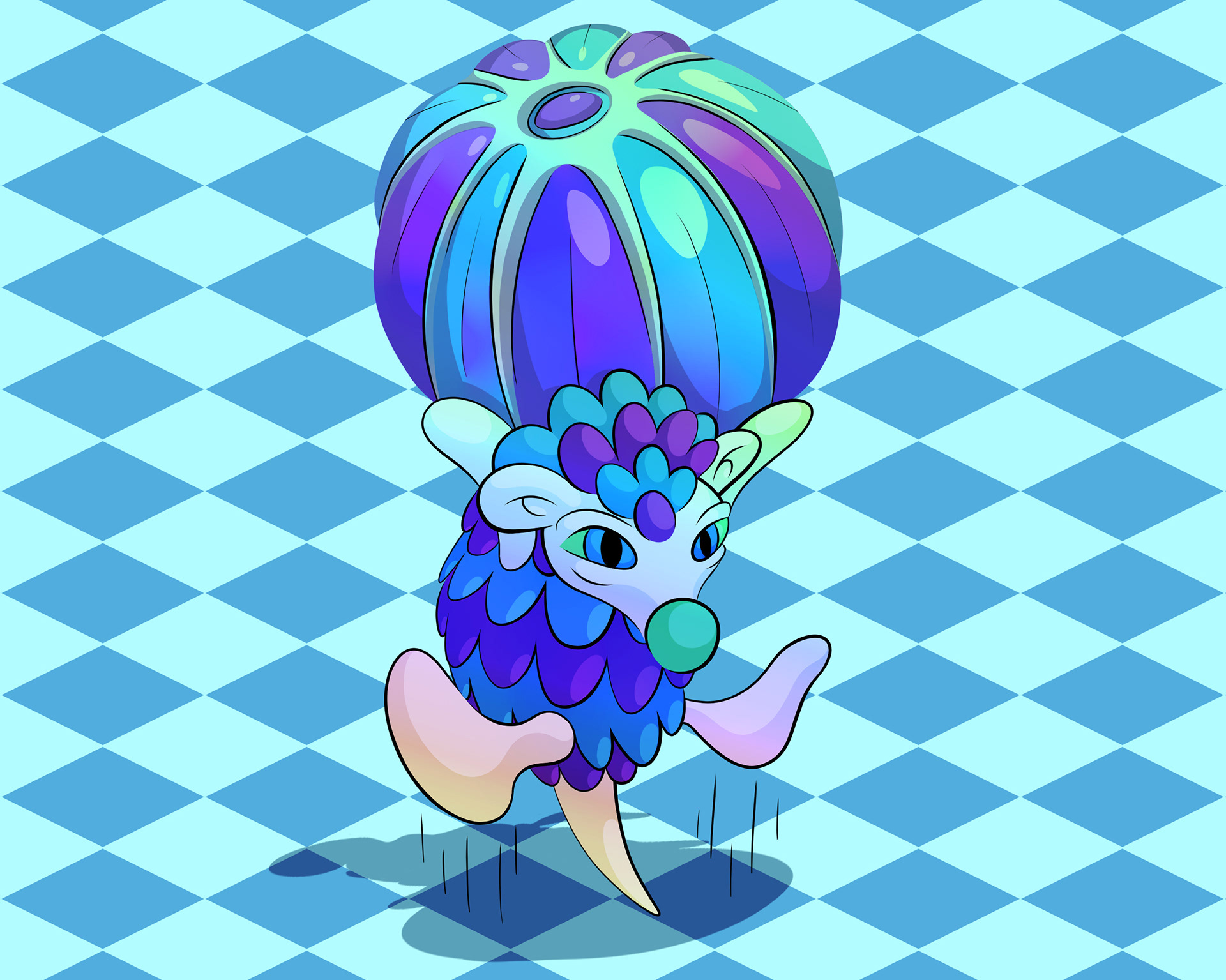 Illustration of a hyperactive blue pangolin jumping in the air proudly holding up a giant squash.