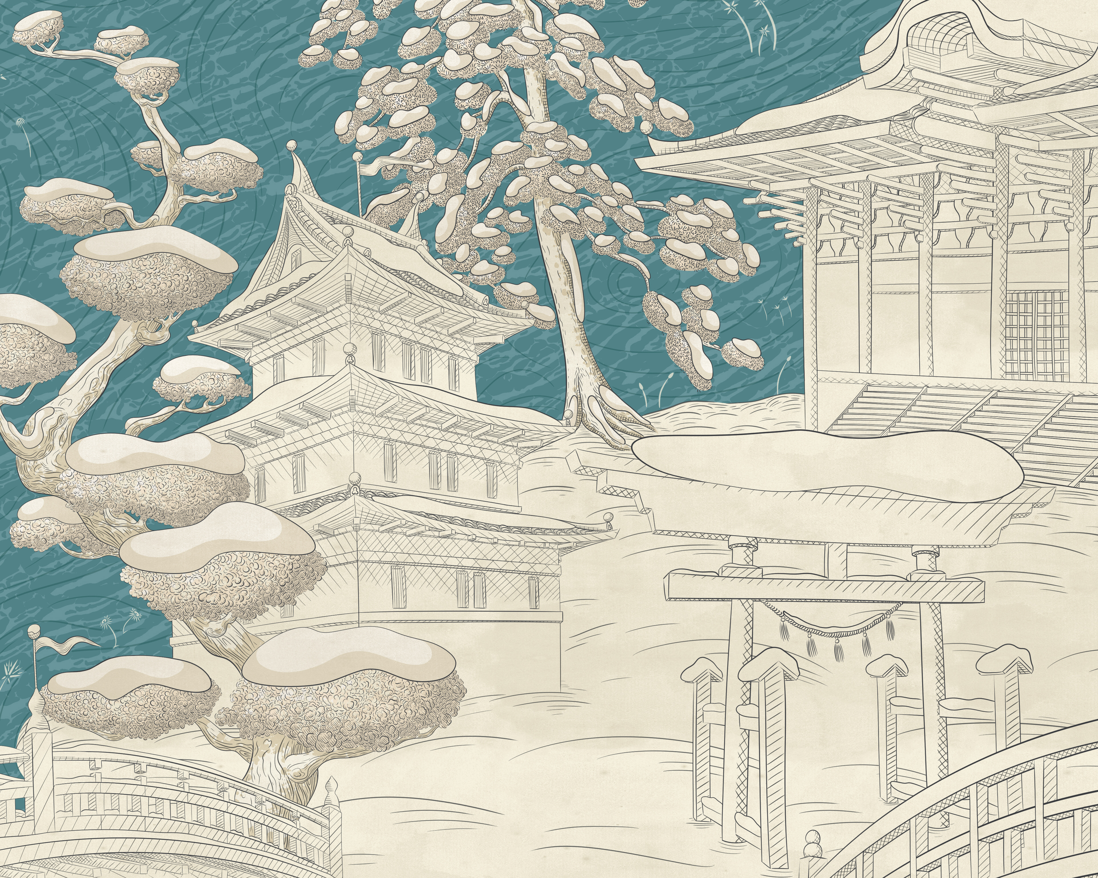 Illustration of a Japanese island showing a snow covered temple courtyard with bonsai trees.