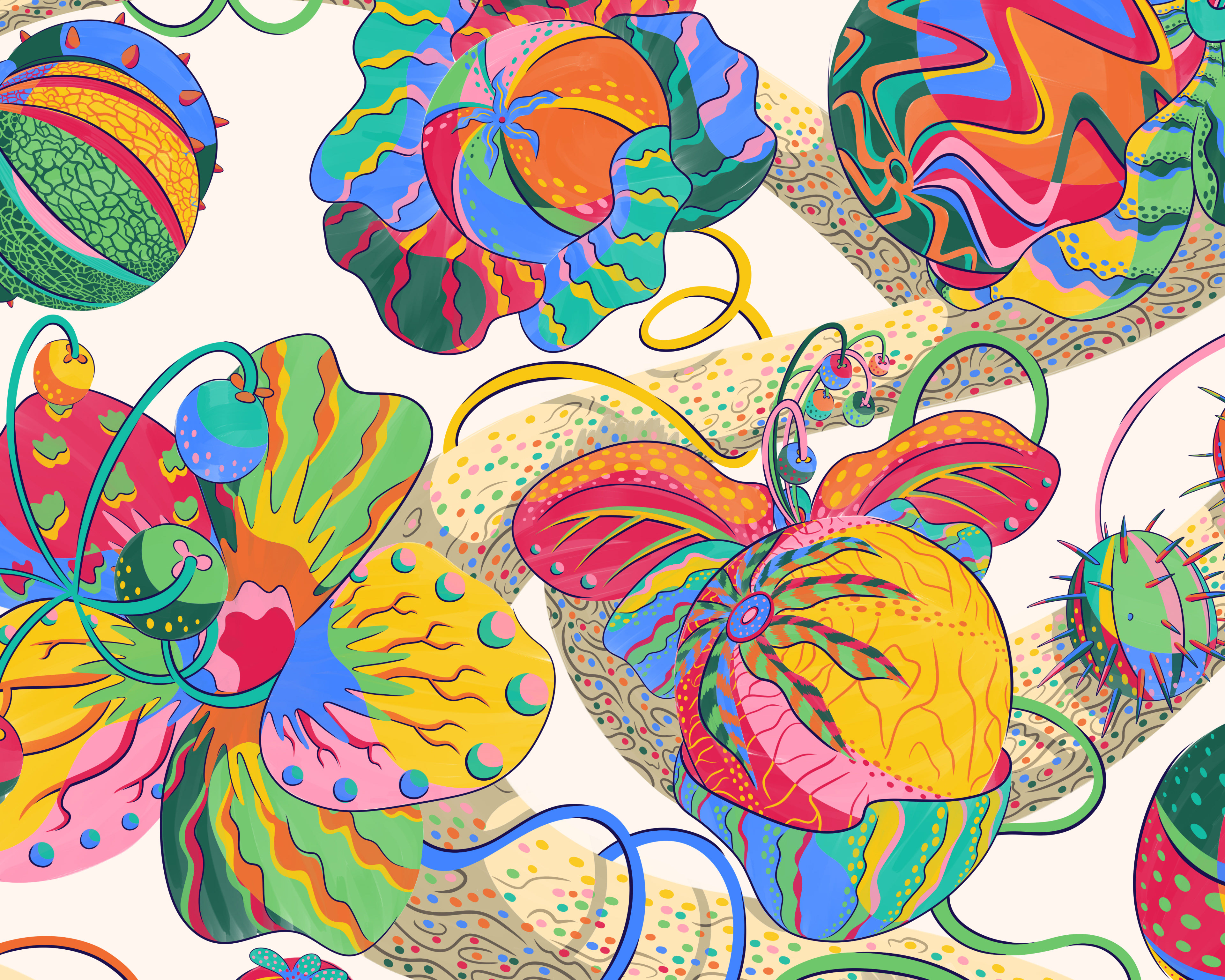 Illustration of a tree filled with hand-painted fruits and flowers in bold multi-colours.