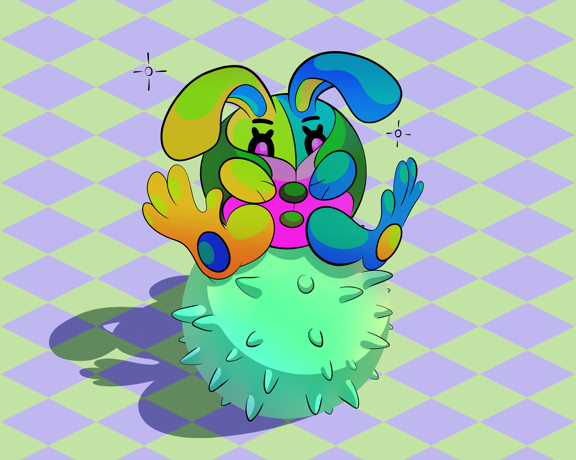 Illustration of a robot bunny that's split in half and is now held together by a snug waistcoat.