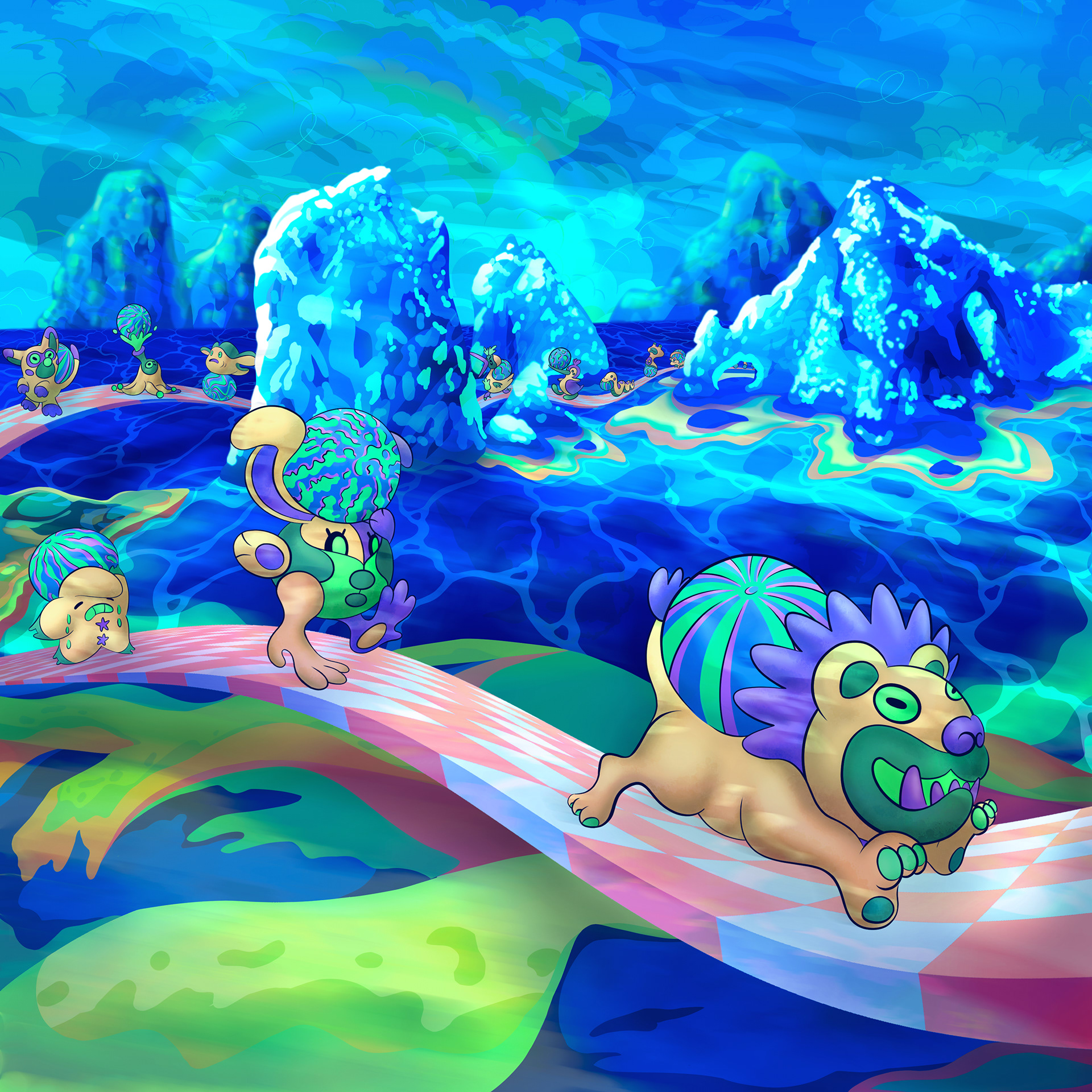 Detailed digital illustration depicting a parade cute animals characters in a neon ocean world.