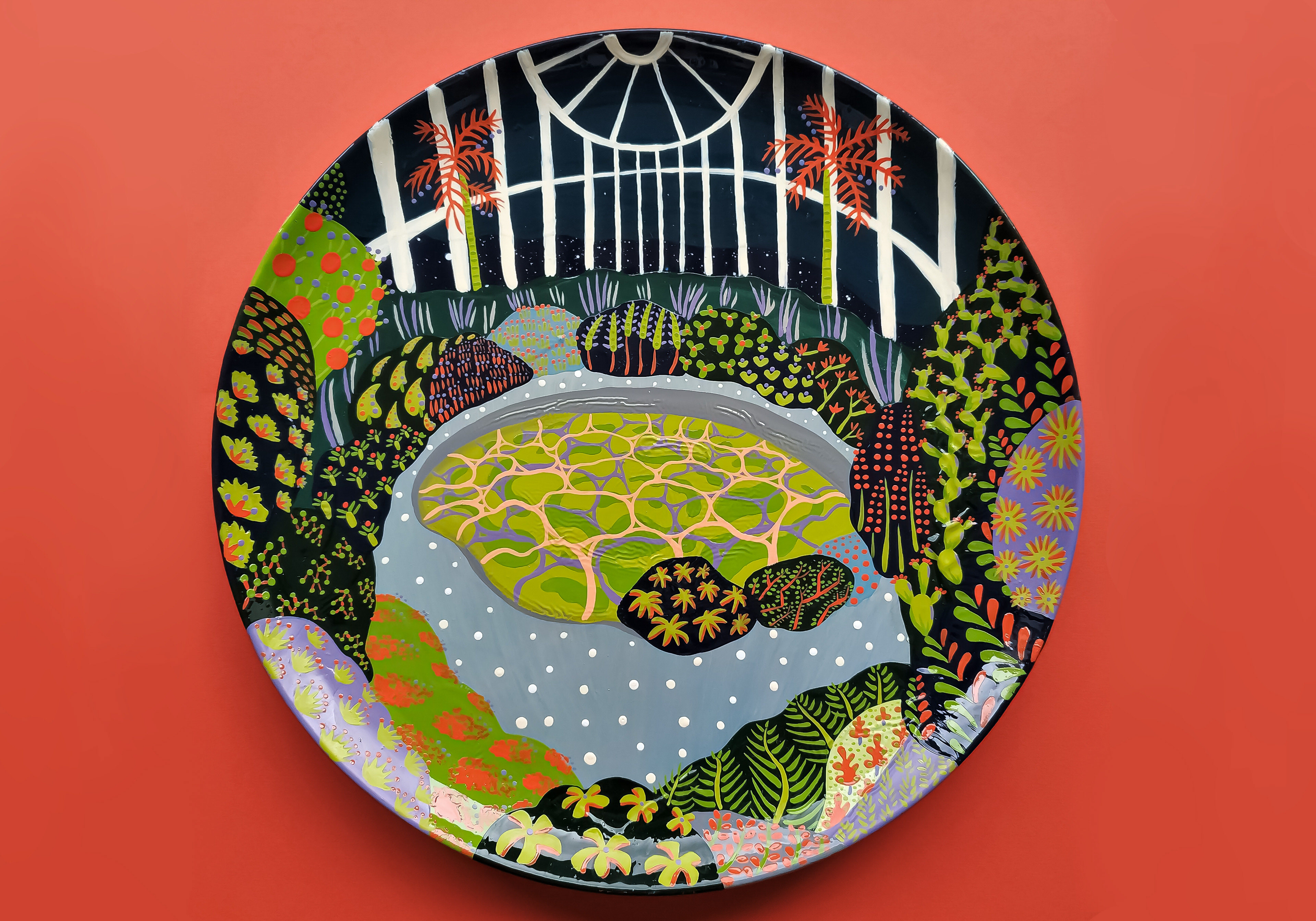 Hand-painted ceramic showing a green toxic nuclear reactor surrounded by mutant plant life.