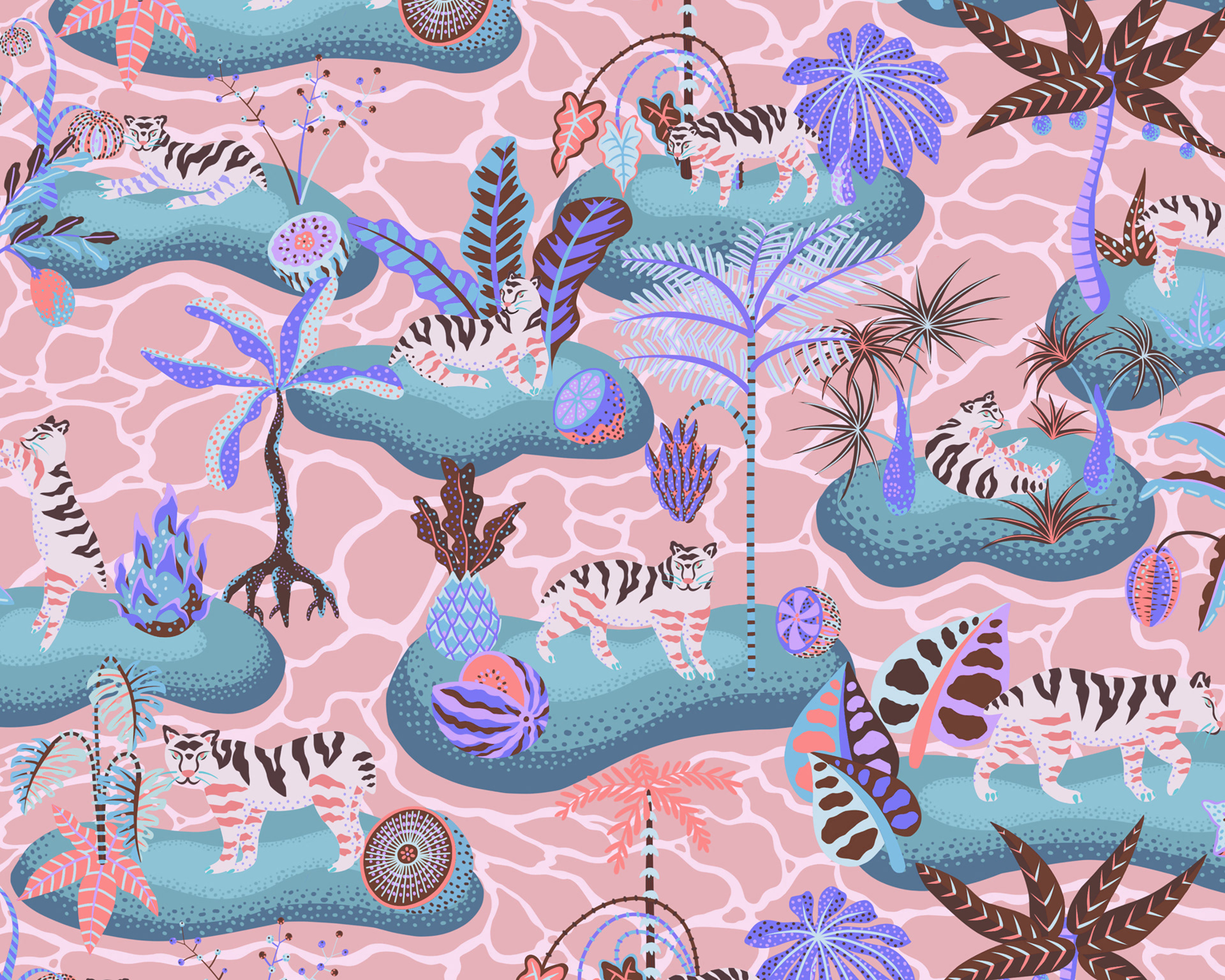 Pink colourway of a repeating pattern showing big cats sleeping on islands in an ocean paradise.