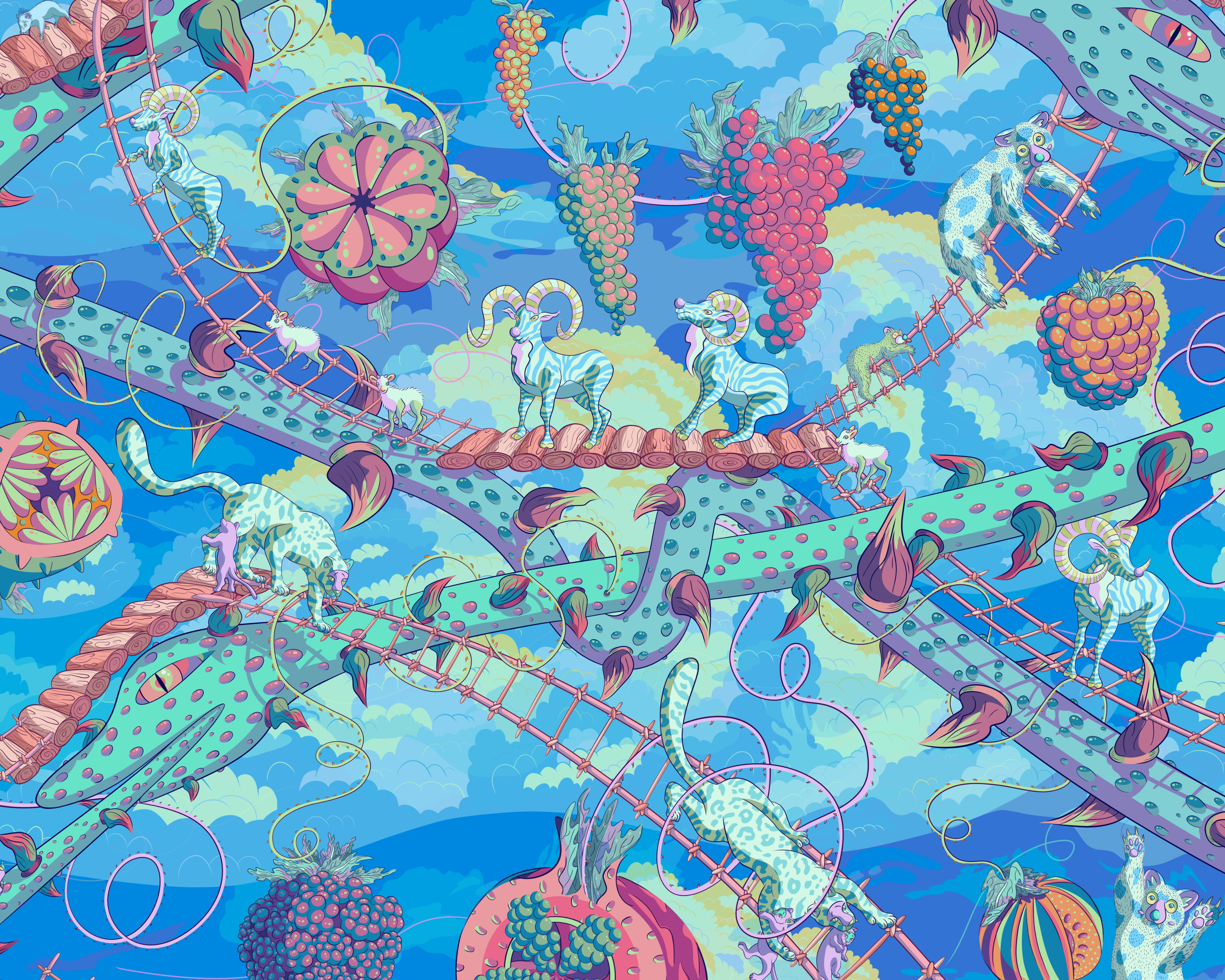 Illustration of a bright blue sky kingdom filled with giant snakes, ladders, animals and fruit.