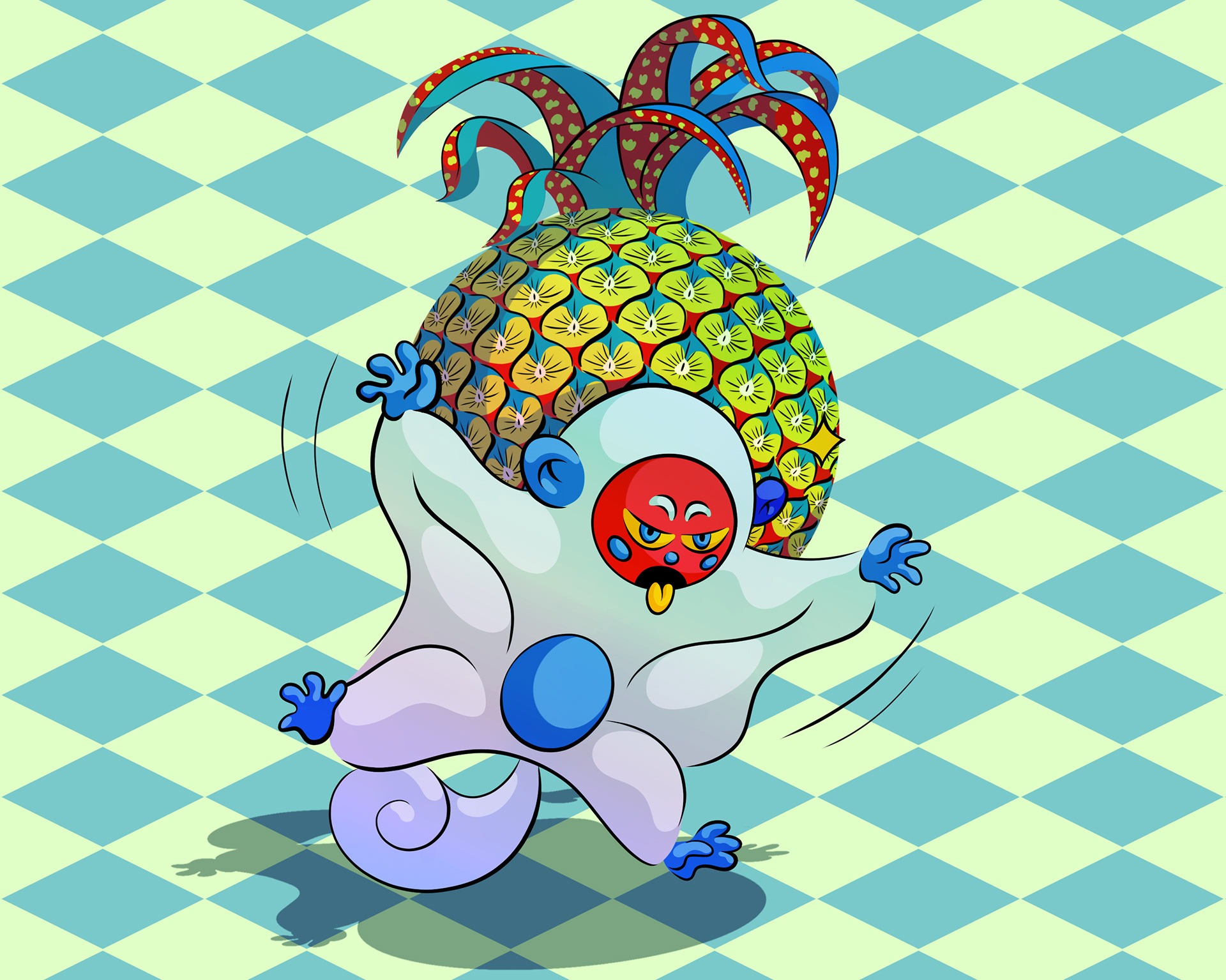 Illustration of a cute flying squirrel wearing a red mask sticking out its tongue in blue colours.