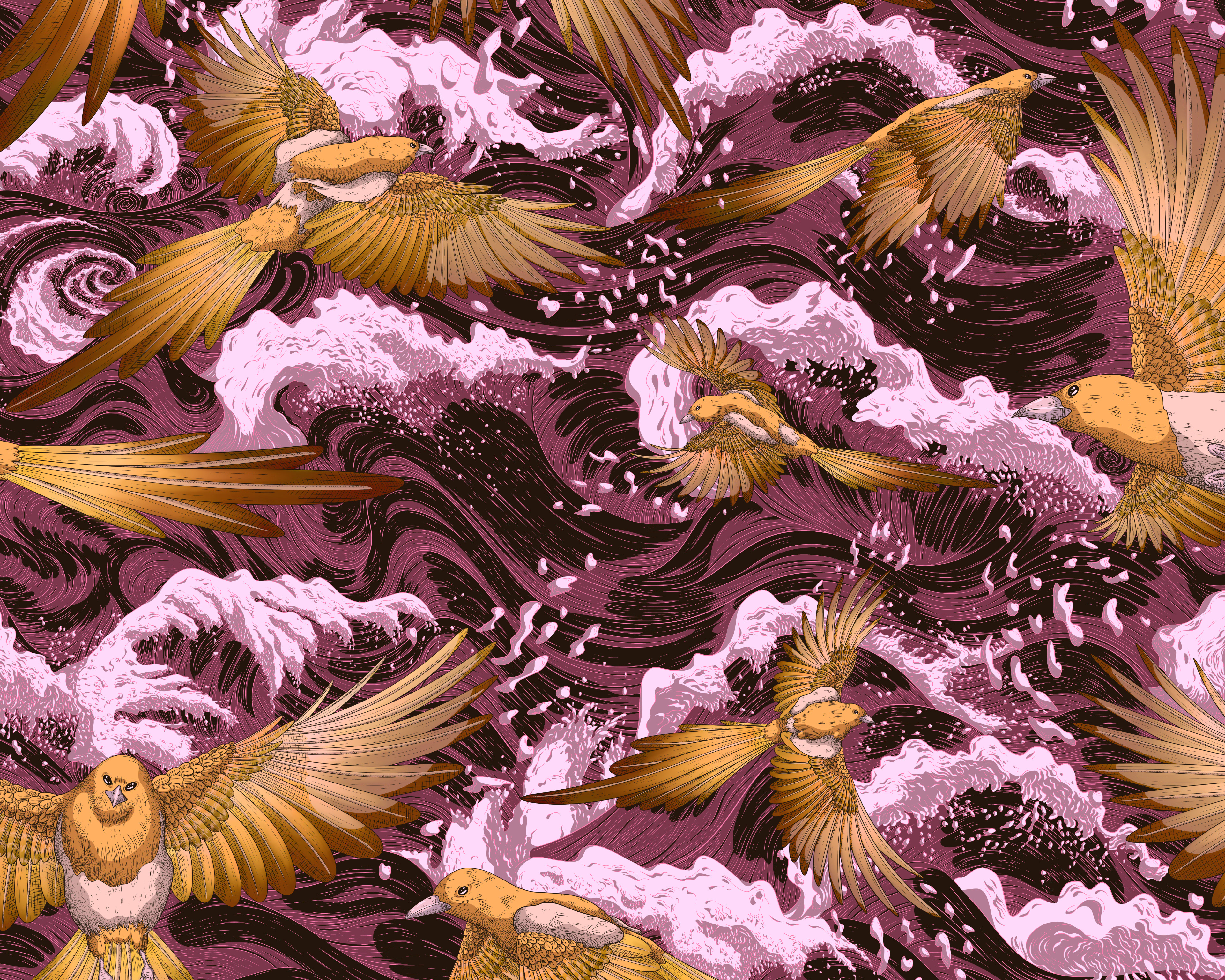 Repeat pattern of golden magpies flying above a deep plum coloured ocean of cresting waves.