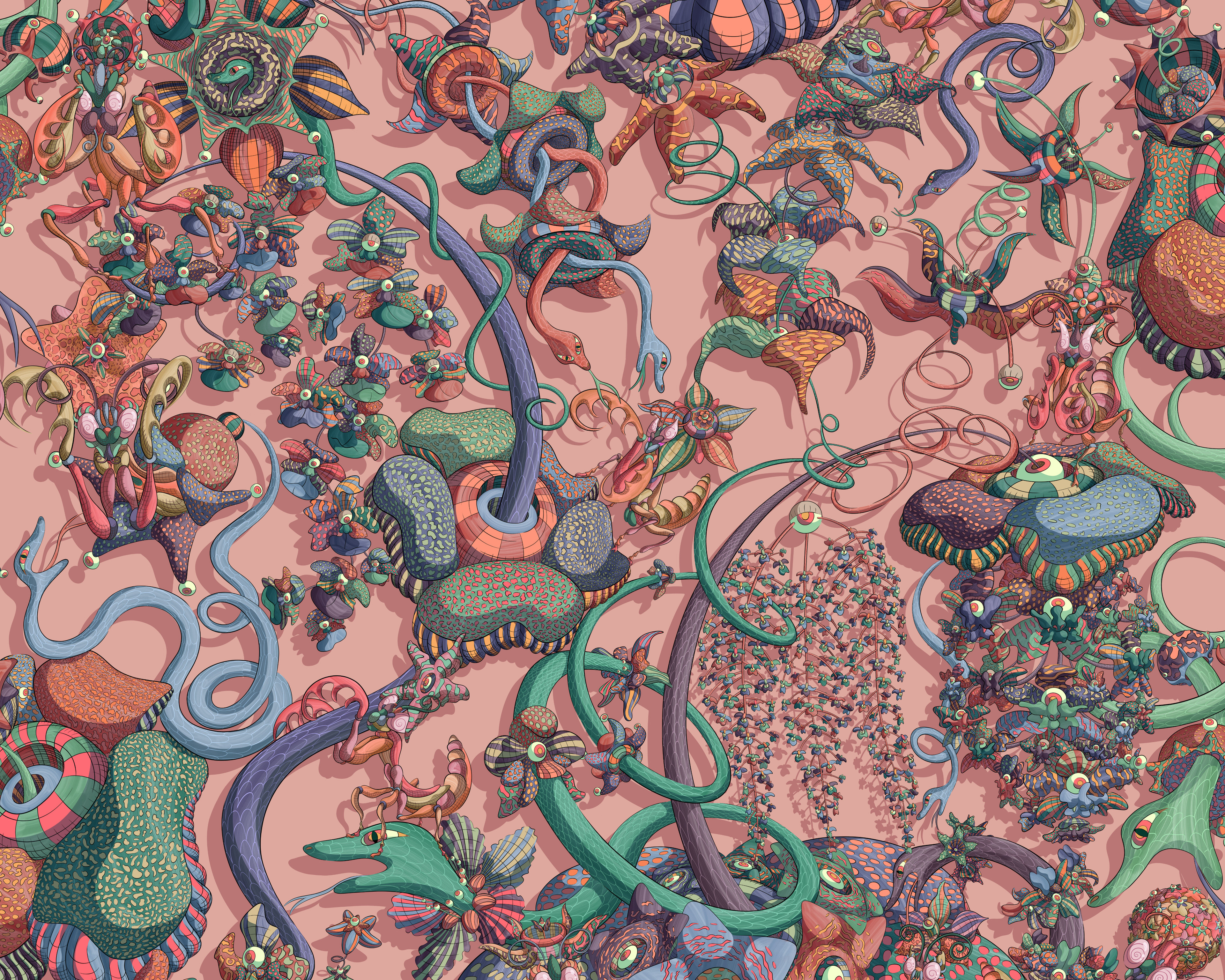 A vibrant repeating pattern depicting a rainforest world filled with praying mantises and snakes.