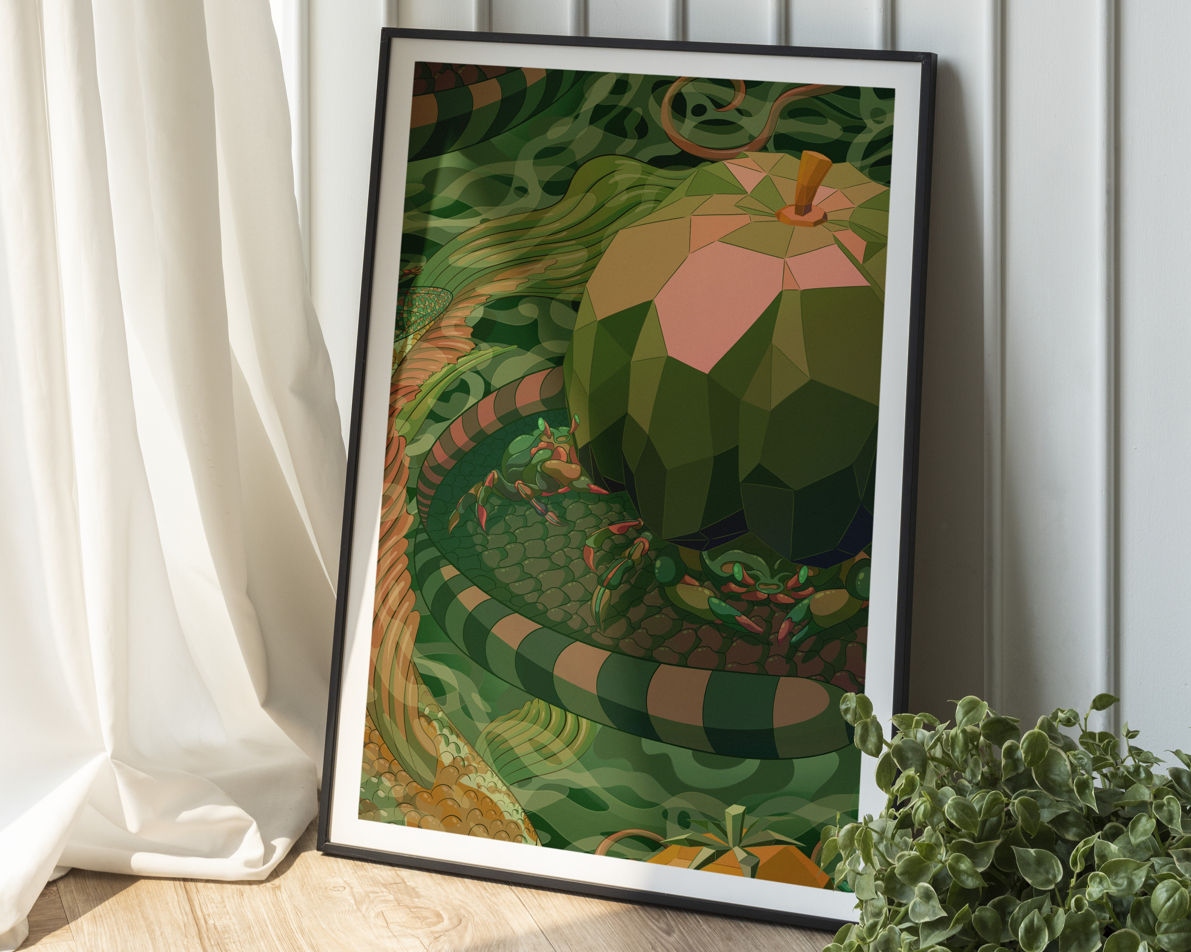 Framed canvas of the wallpaper pattern 'Fruits of Labour' by Sam Wilde resting in the sunlight.