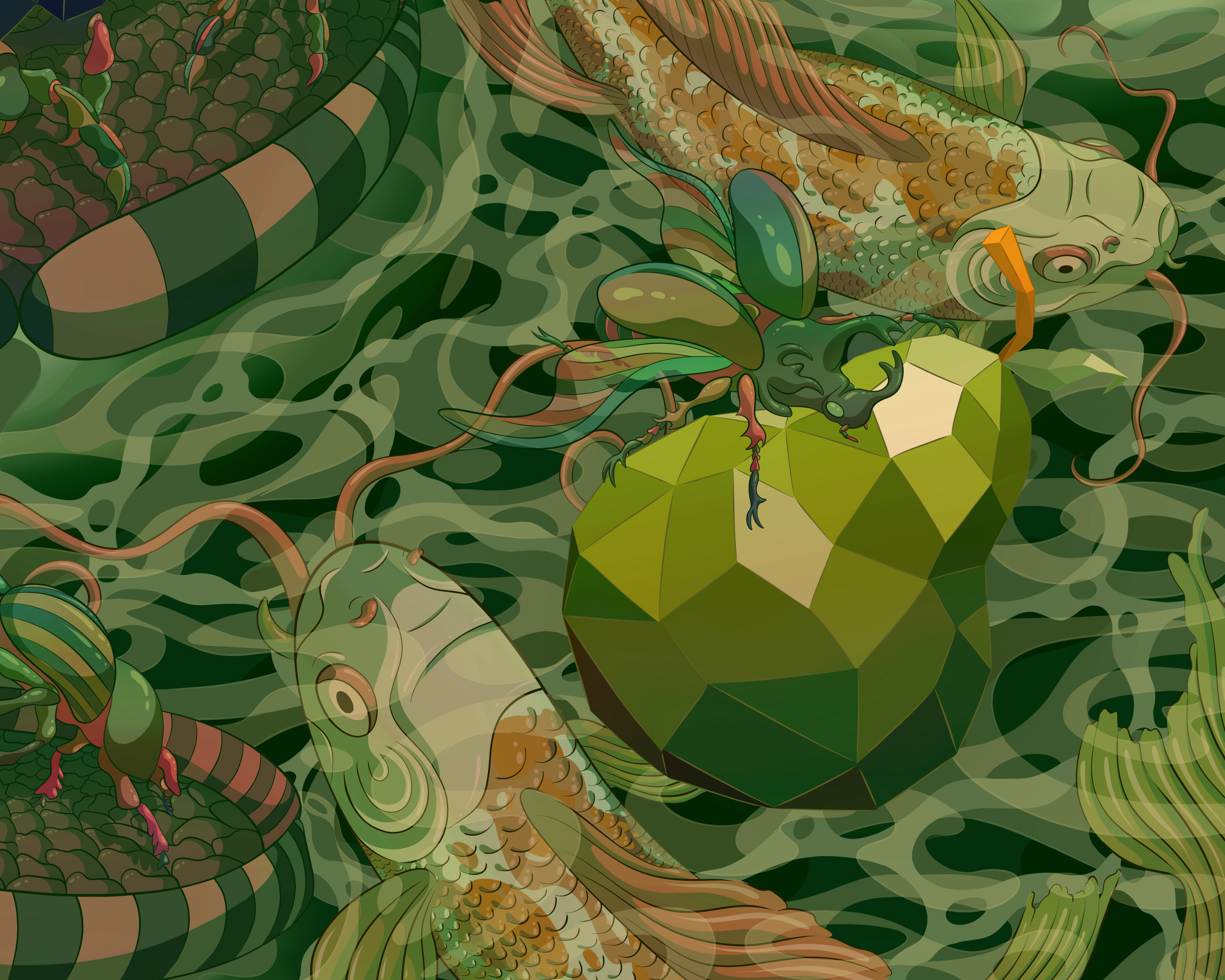 Illustration of a green flying stag beetle clinging onto a low-poly giant 3D green pear.