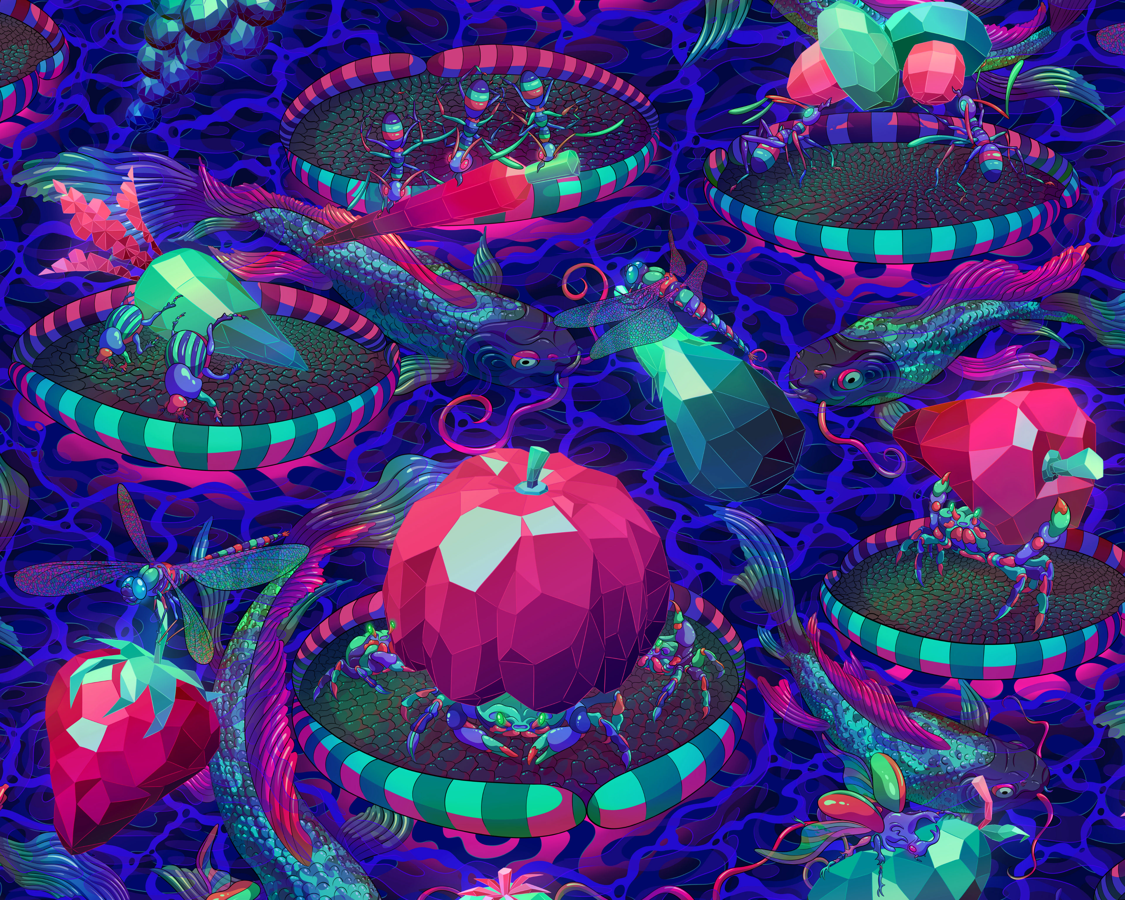 Repeat pattern of a vast polluted ocean full of floating lily pads, lost insects and crystal fruits.