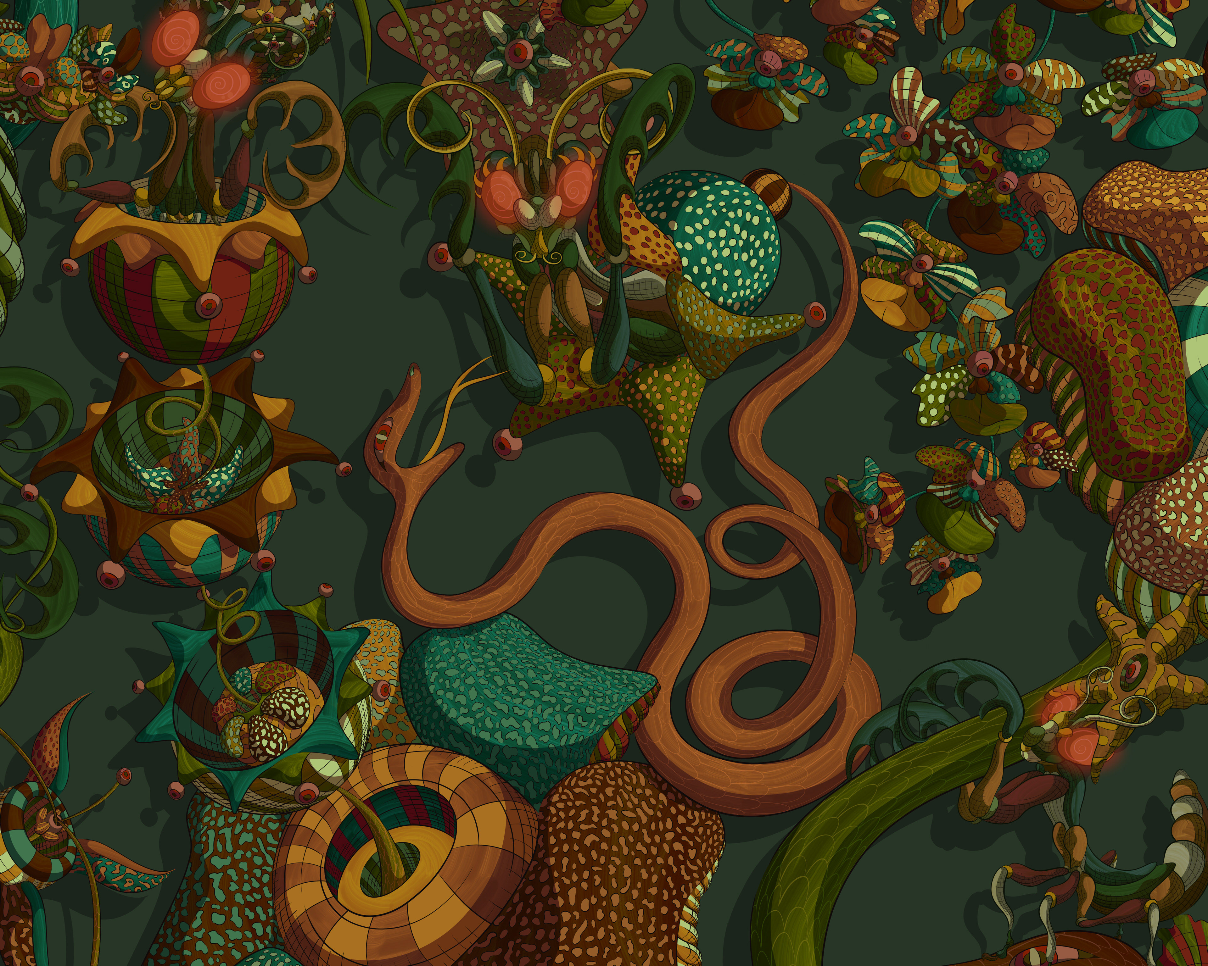 Illustration of a praying mantis facing off against a characterful snake in woodland colours.
