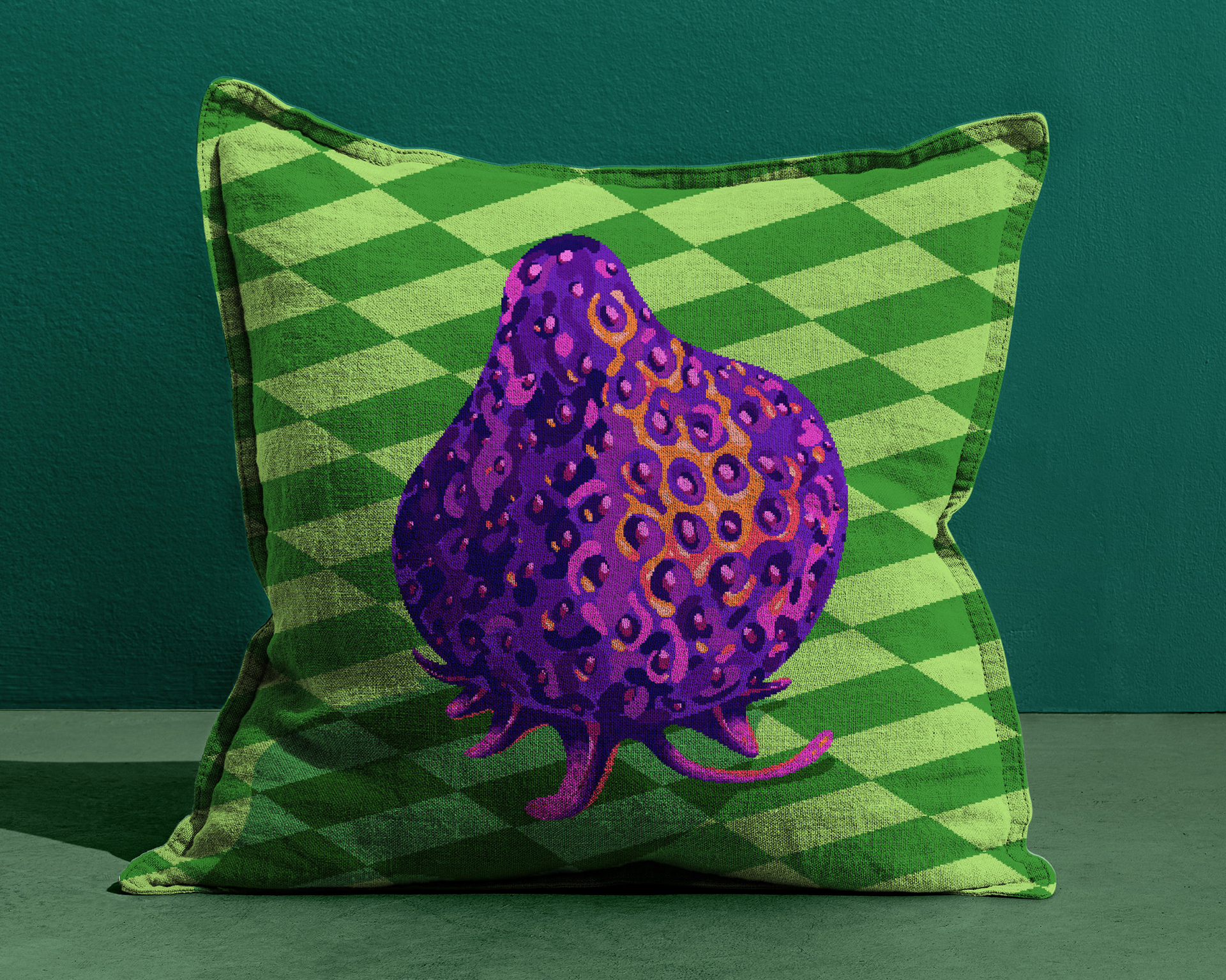 Bold purple and green pixel art strawberry cushion.