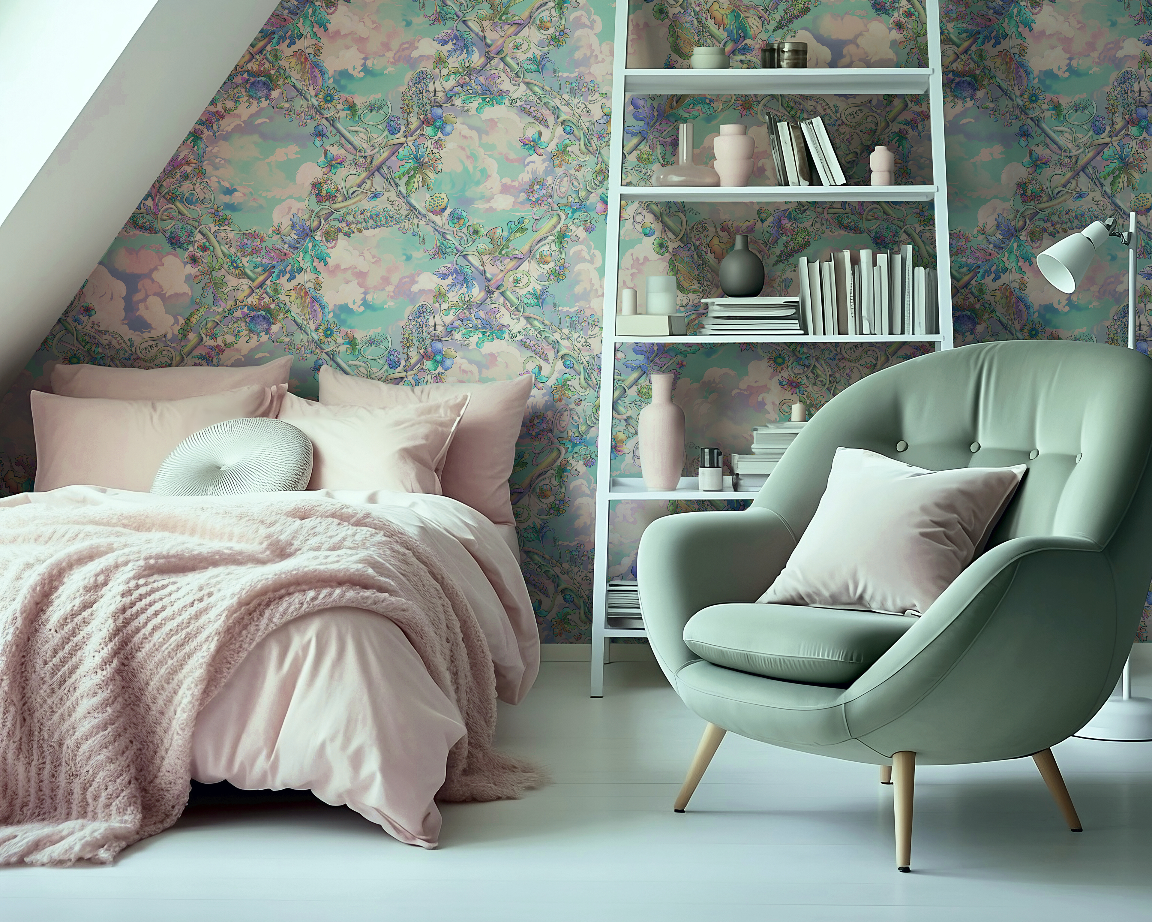 Dreamy pink and green bedroom nook with dreamy cloud sky garden wallpaper.