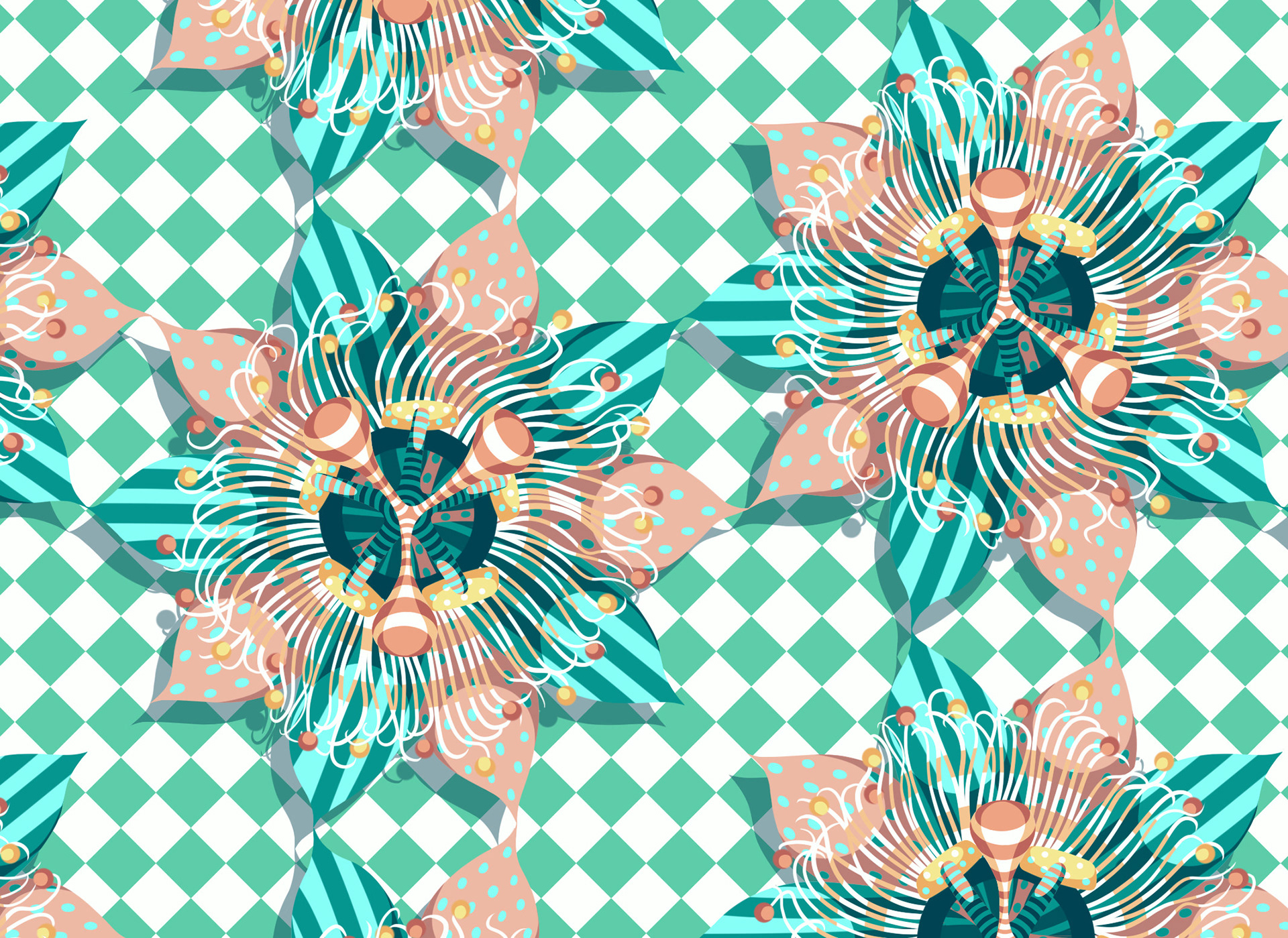 Pattern of paper passionflowers sitting on a mint green and white tile background.